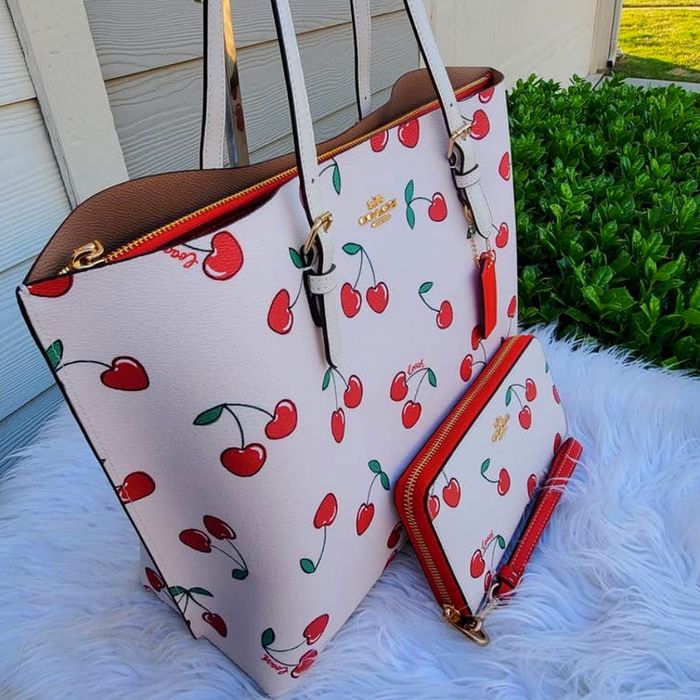 Coach New Coach Cherry Print Mollie leather Tote Bag & wallet Set | Grailed