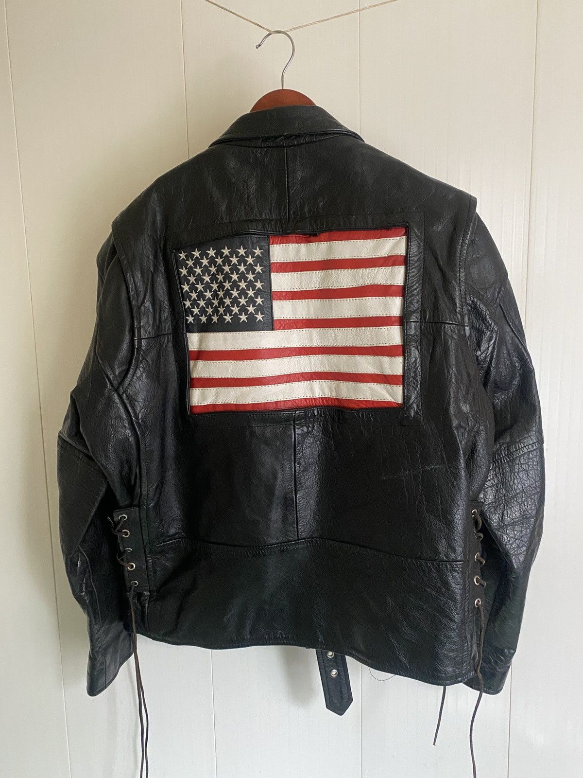 image of Vintage 90's Motorcycle Oversize Leather Jacket Usa Flag in Black, Men's (Size XL)