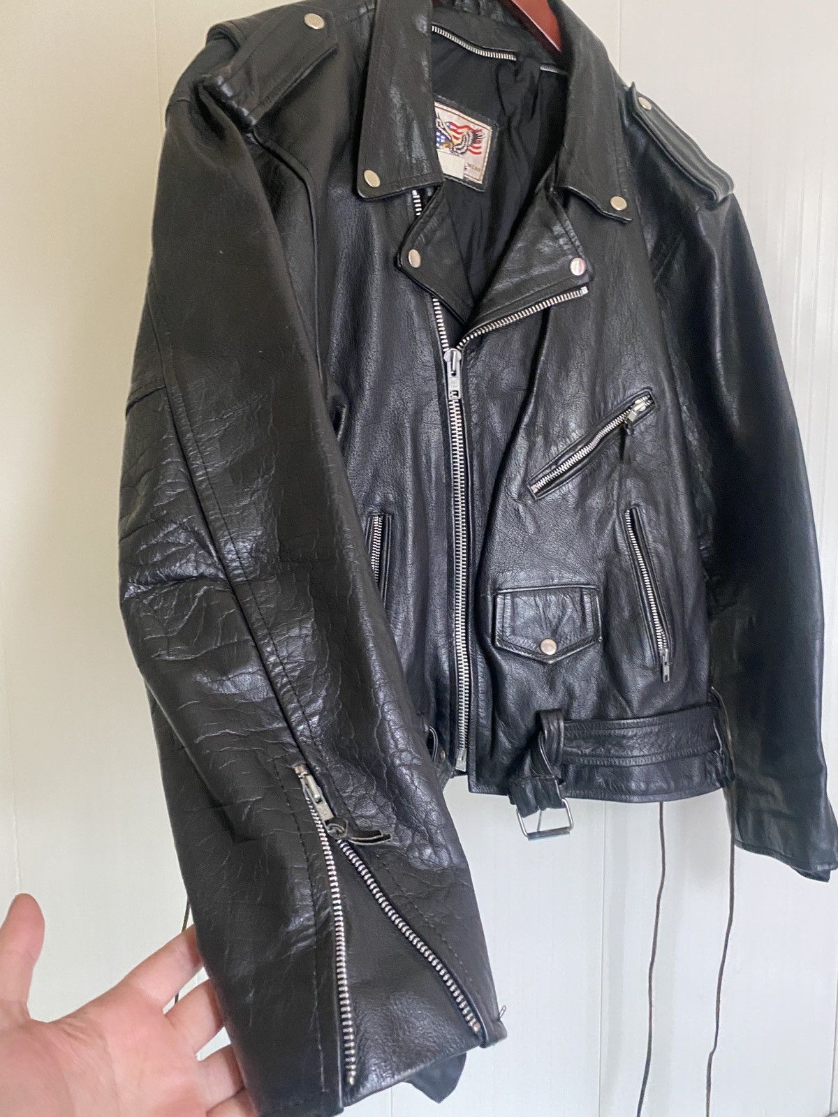 image of Vintage 90's Motorcycle Oversize Leather Jacket Usa Flag in Black, Men's (Size XL)