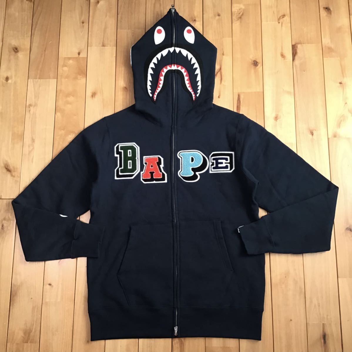 Bape BAPE logo multi fonts shark full zip hoodie navy ape | Grailed