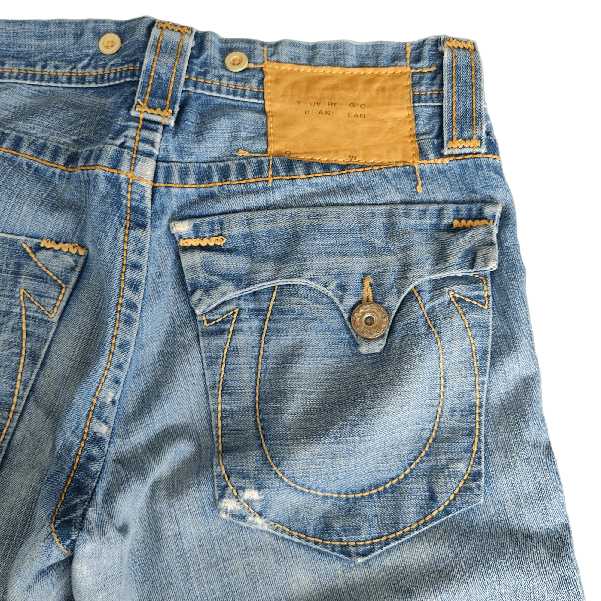 Beauty Beast True Religion Jean Leather Patch Blue Denim Pants Size US 33 - 9 Thumbnail