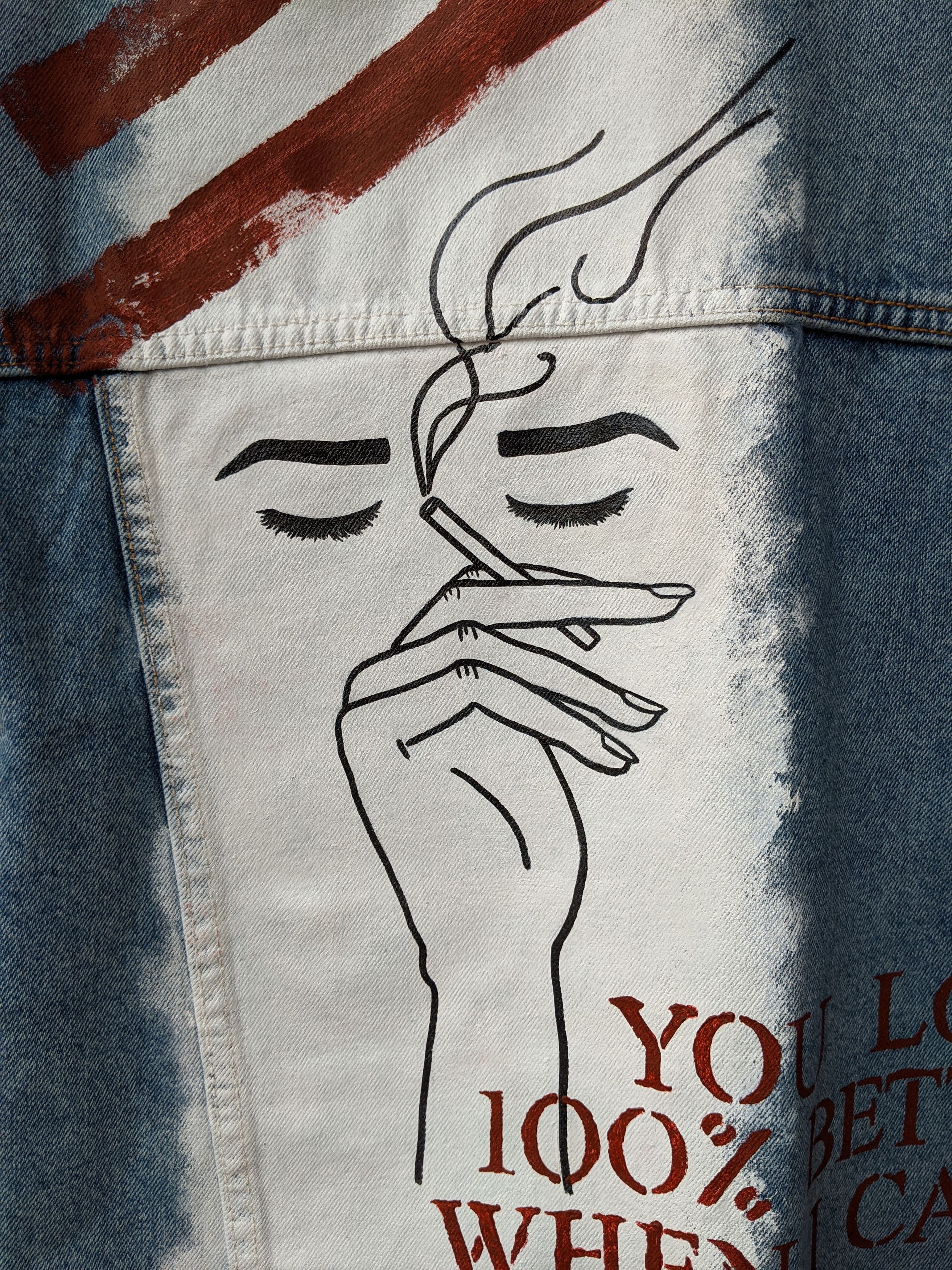 Handmade Custom hand-painted denim jacket 'SMOKE2' Size US XXL / EU 58 / 5 - 2 Thumbnail