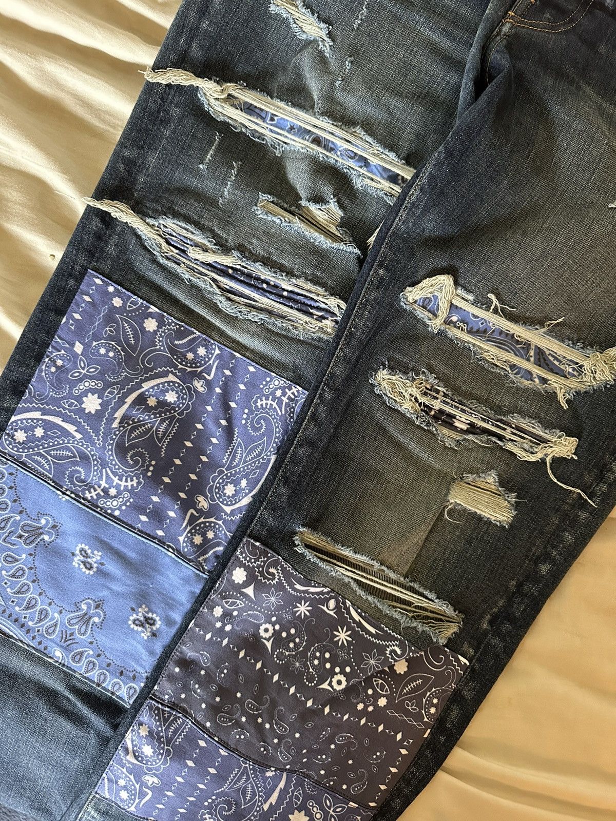 AMIRI Artpatch Jeans Skinny Pantalon Avec Cuir Patchwork Applications Indigo