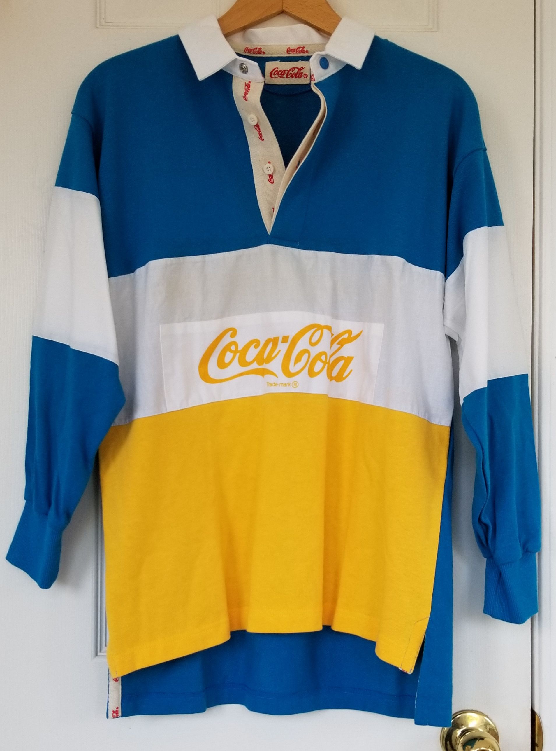 image of Coca Cola Rugby Polo Shirt Hilfiger Blue Yellow 80's 90's Y2K in Blue Yellow White, Men's (Size Sma