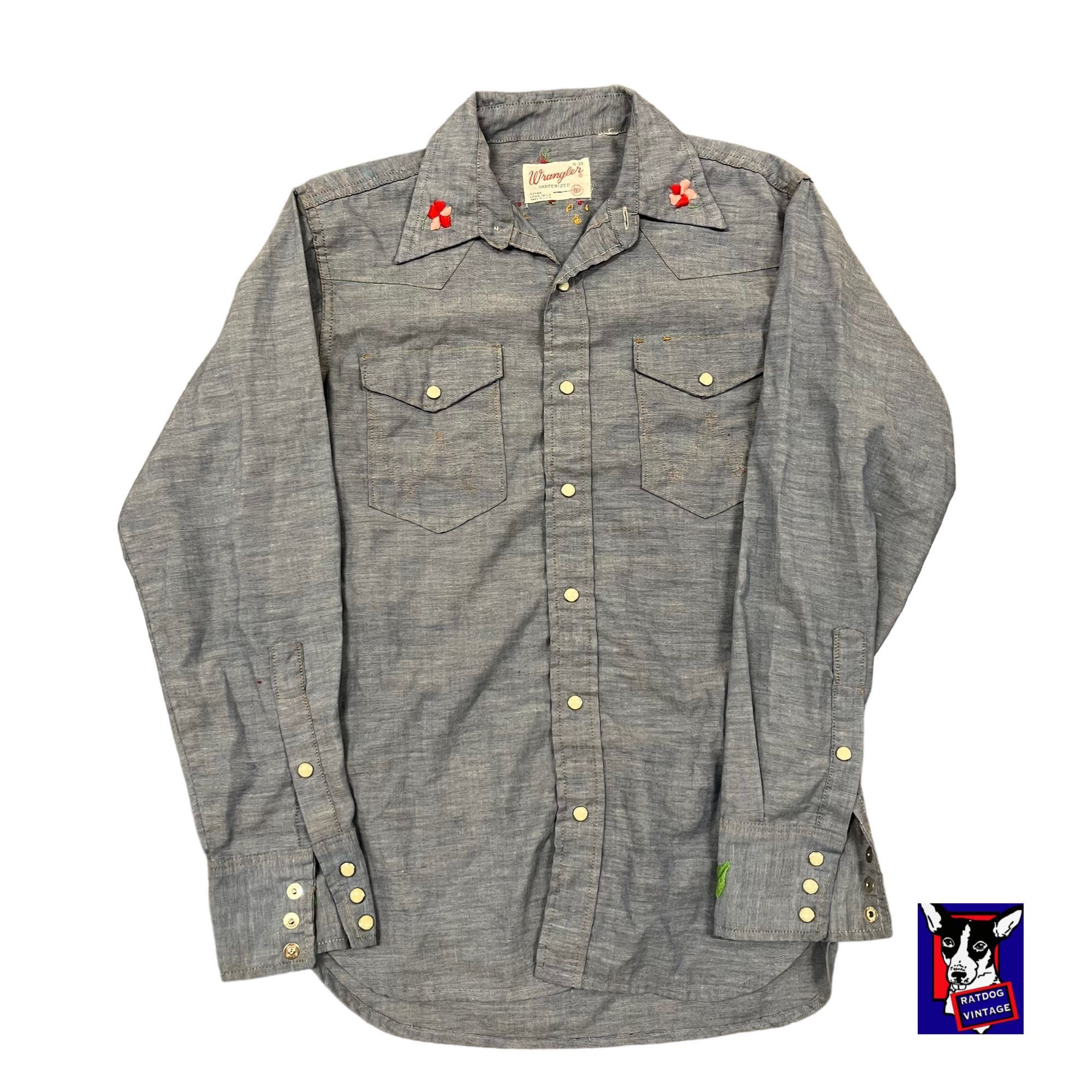 Vintage 70s VTG Wrangler Light Blue Sanforized Chambray Denim Button ...