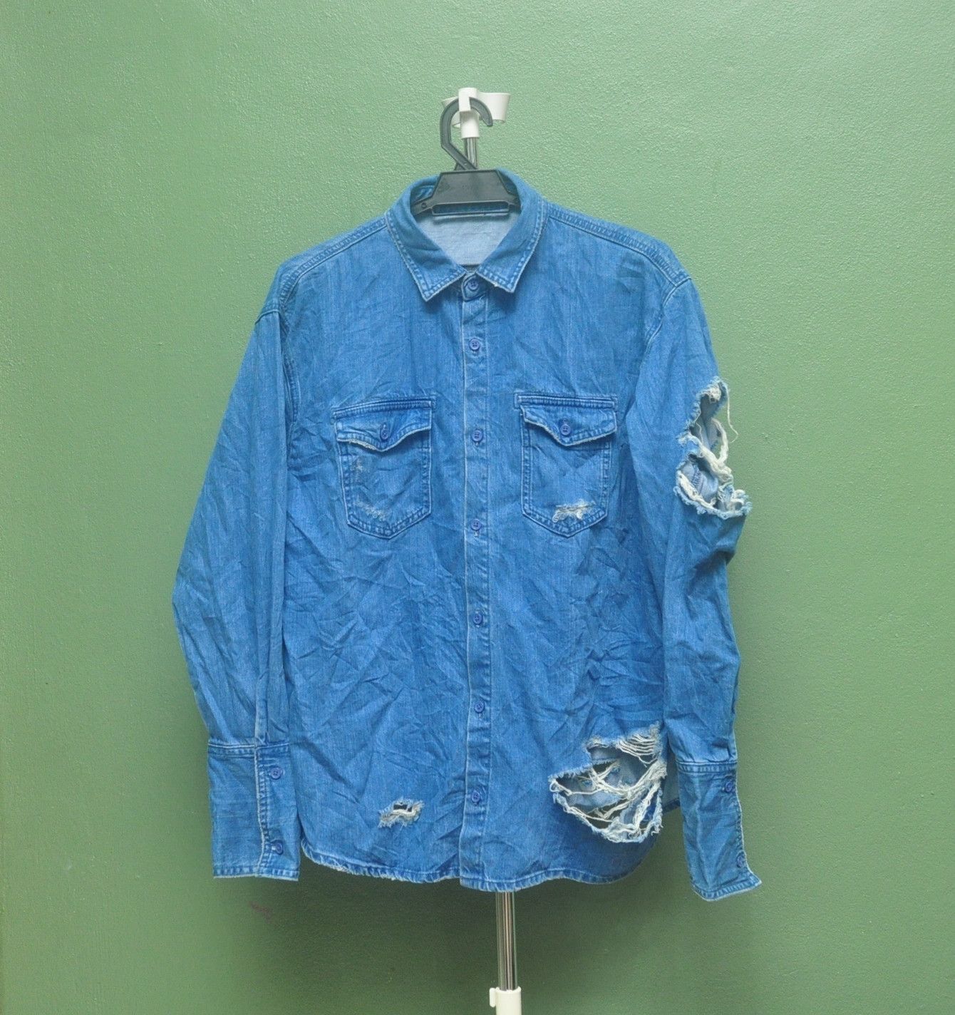 Designer Emoda Punk Distressed Long Sleeve Denim Shirt L Size Size US L / EU 52-54 / 3 - 1 Thumbnail