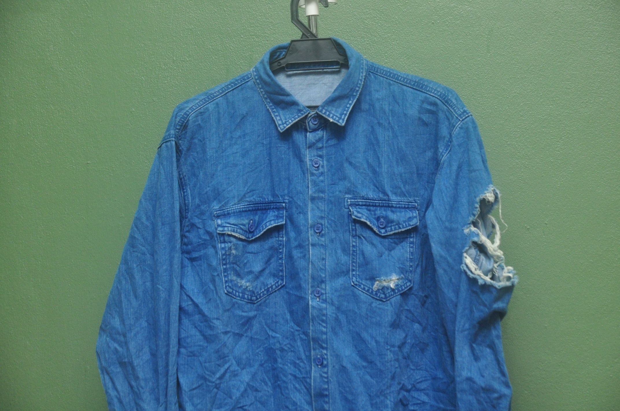 Designer Emoda Punk Distressed Long Sleeve Denim Shirt L Size Size US L / EU 52-54 / 3 - 2 Thumbnail