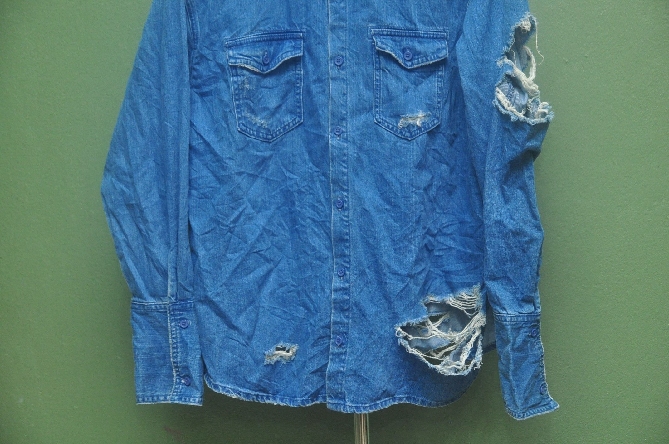 Designer Emoda Punk Distressed Long Sleeve Denim Shirt L Size Size US L / EU 52-54 / 3 - 3 Thumbnail
