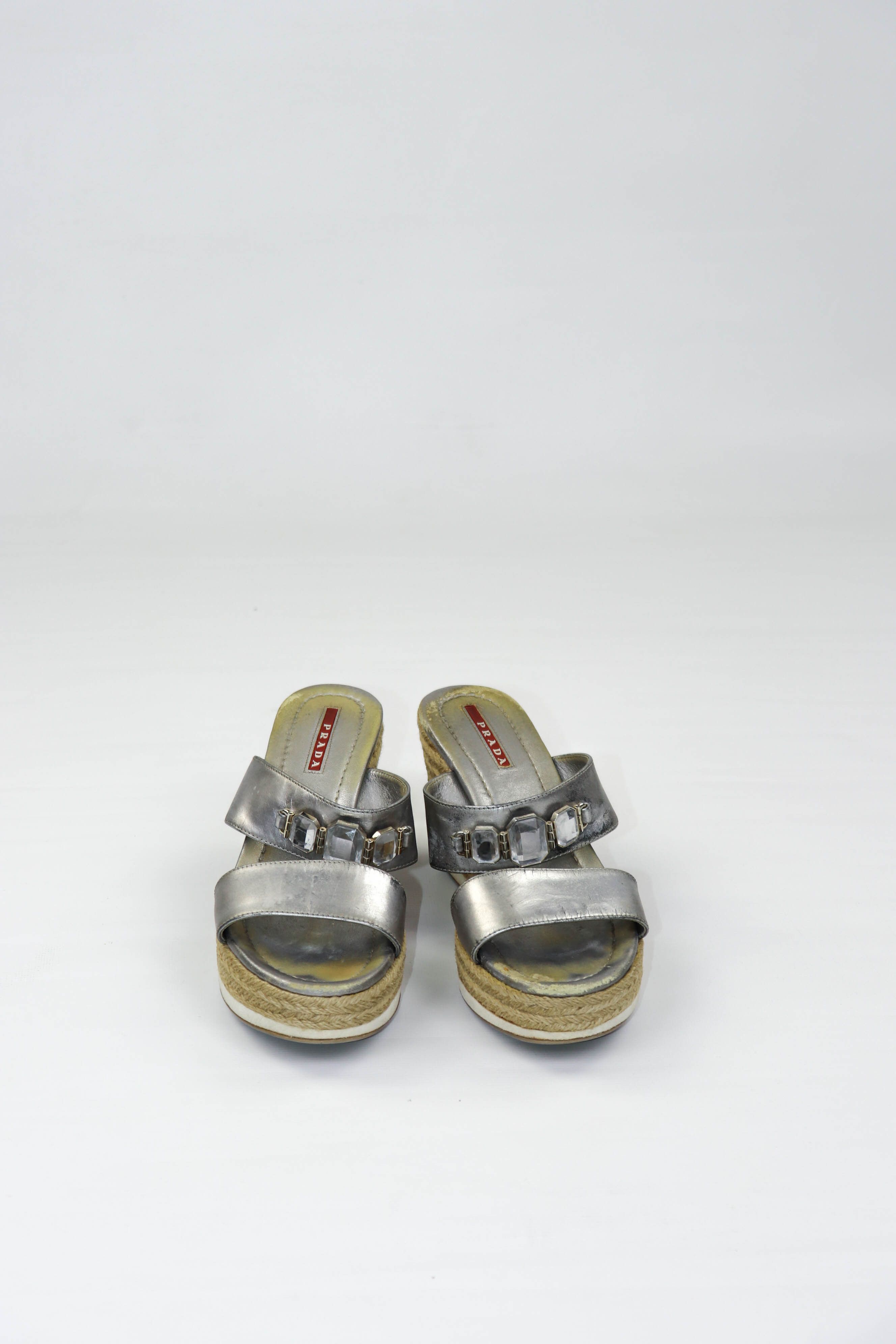 Prada Prada Women’s Vintage Y2K Silver Grey Platform Sandals Shoes Size US 7.5 / IT 37.5 - 2 Thumbnail