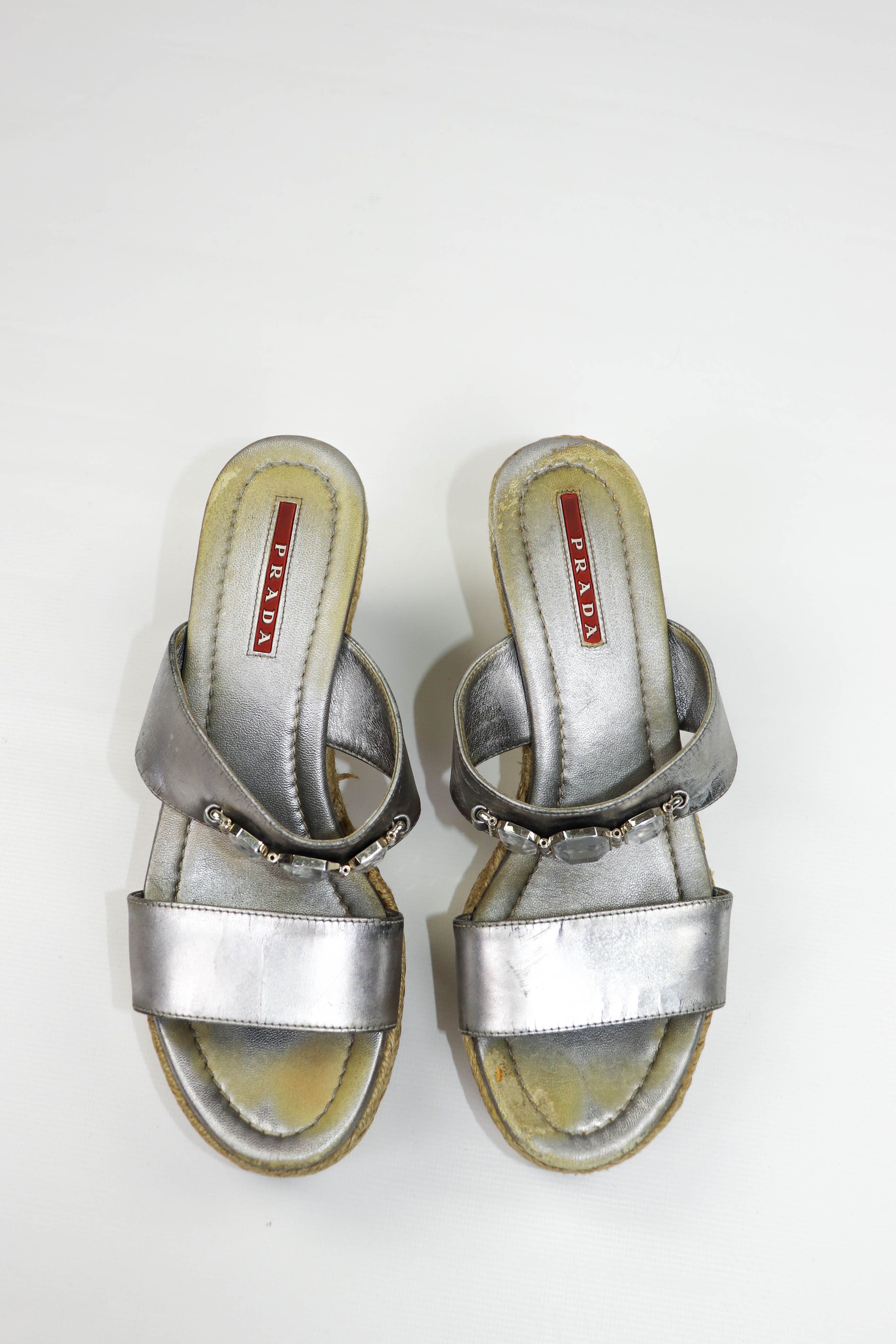 Prada Y2K Wedge Sandals in Metallic silver offers