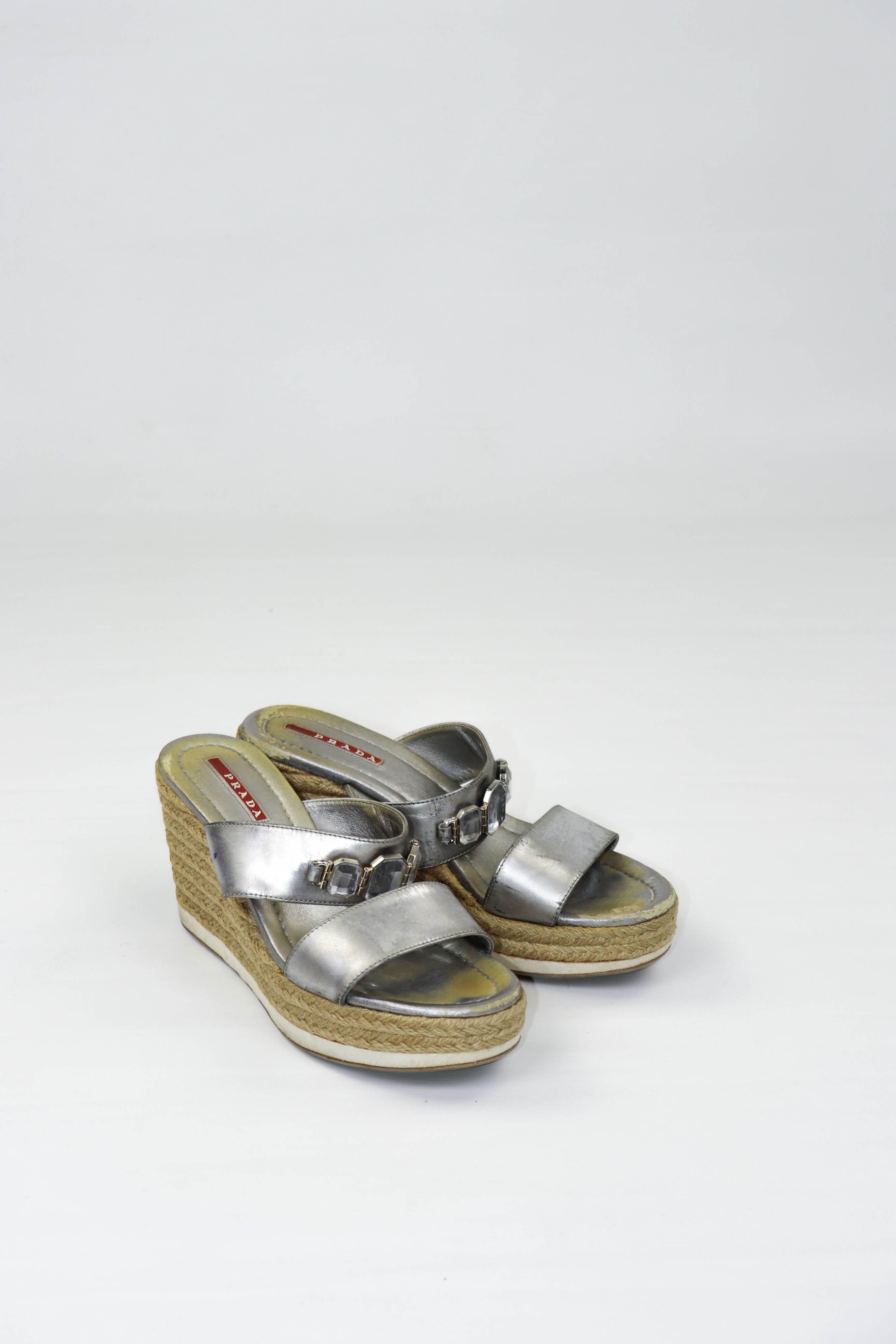 Prada Prada Women’s Vintage Y2K Silver Grey Platform Sandals Shoes Size US 7.5 / IT 37.5 - 1 Thumbnail
