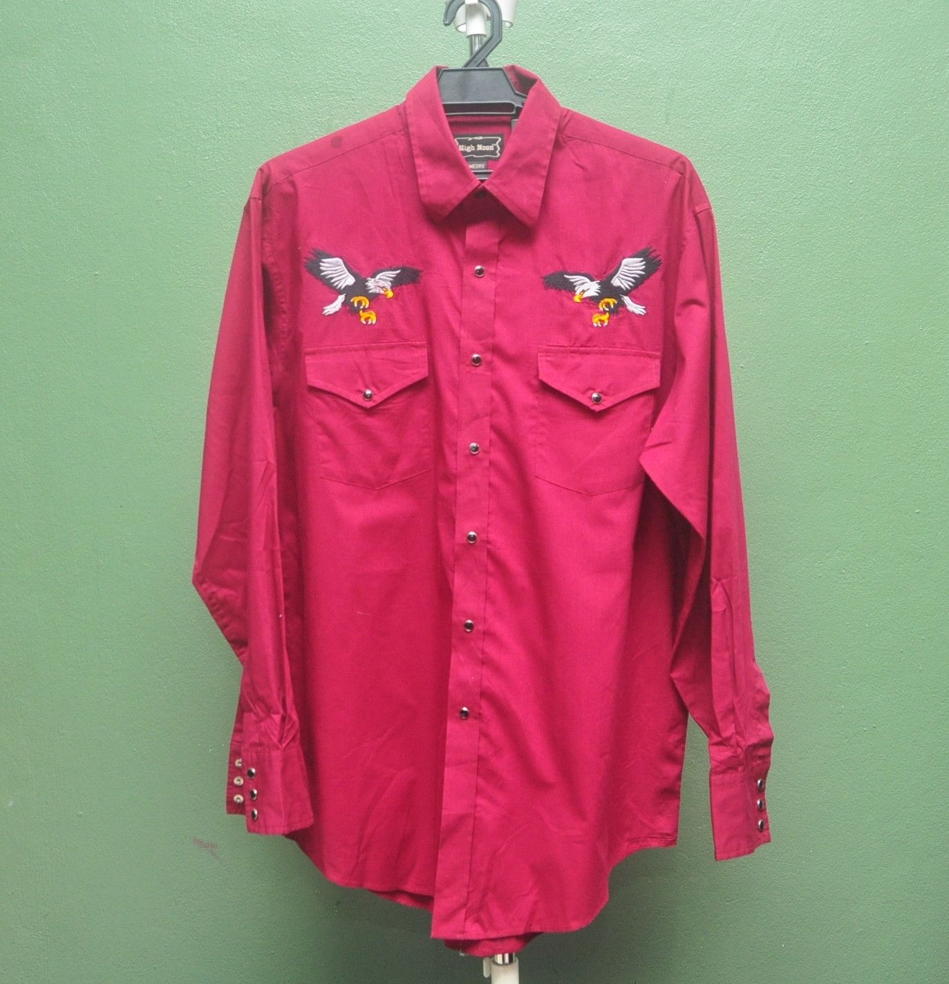 image of Sukajan T Shirts High Noon Eagle Bird Button Up Long Sleeve Shirt in Maroon, Men's (Size XL)