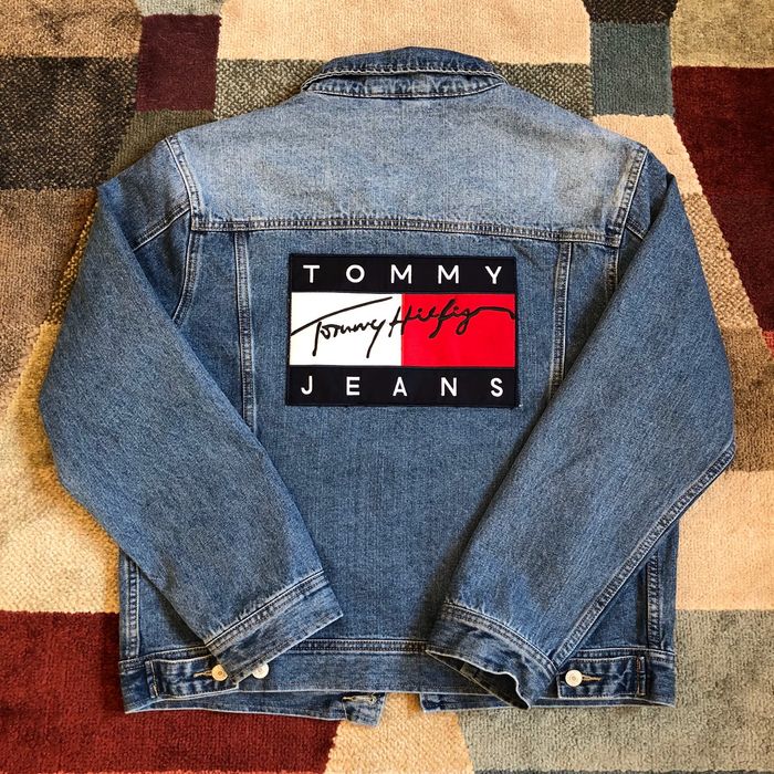 Vintage 90s tommy hilfiger big flag sale denim jacket