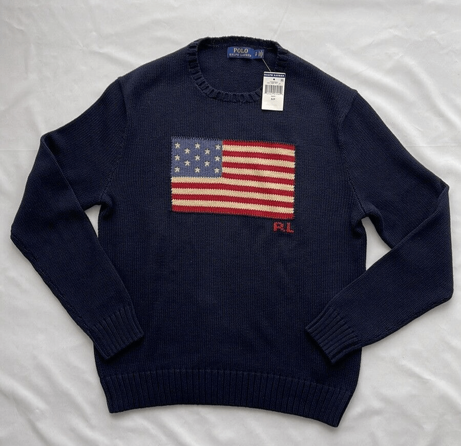 image of Polo Ralph Laurent American Flag Navy Sweater , Men's (Size 2XL)