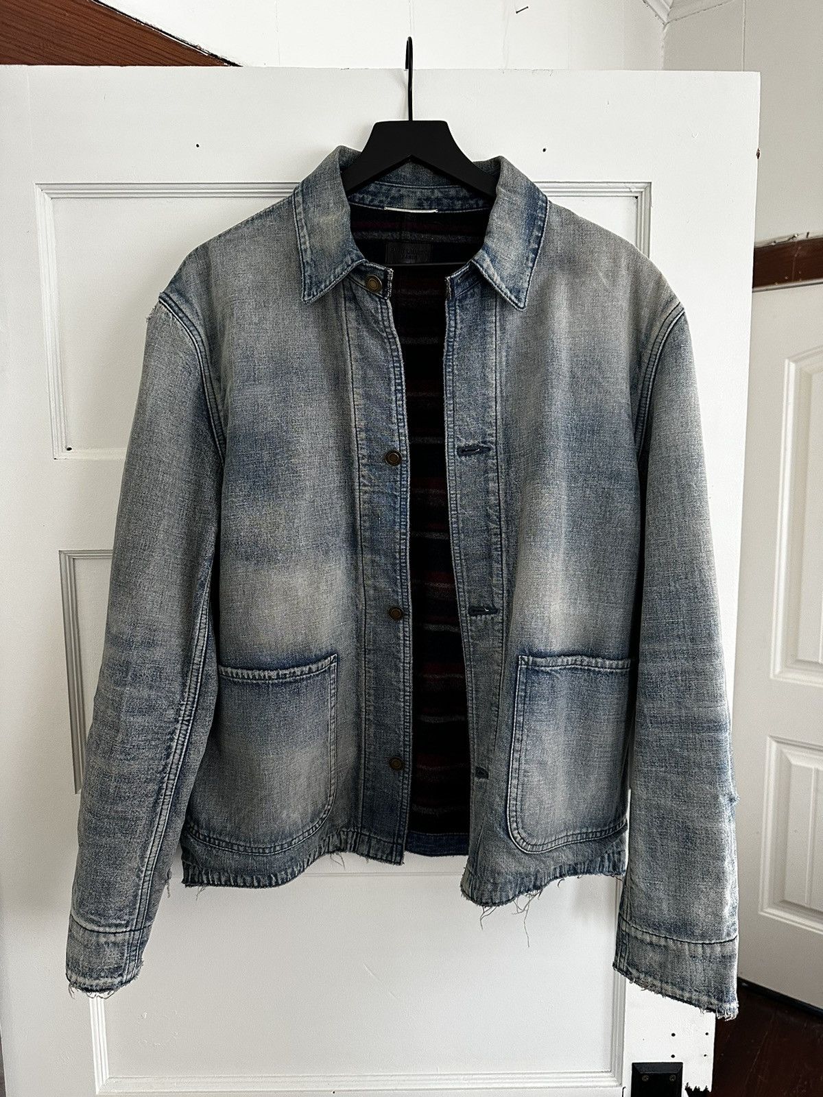 image of Saint Laurent Paris Saint Laurent Distressed Runway Denim Jacket ($1650), Men's (Size XL)