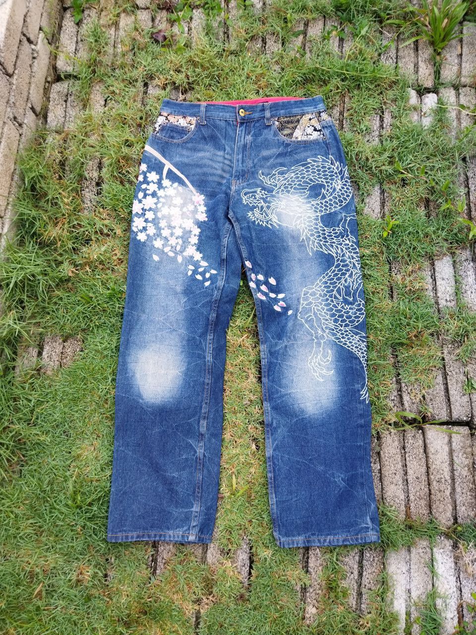 image of Archival Clothing x Vintage Hishyouhakurei Japan Dragon Embroidery Wagara Denim in Blue Distressed 