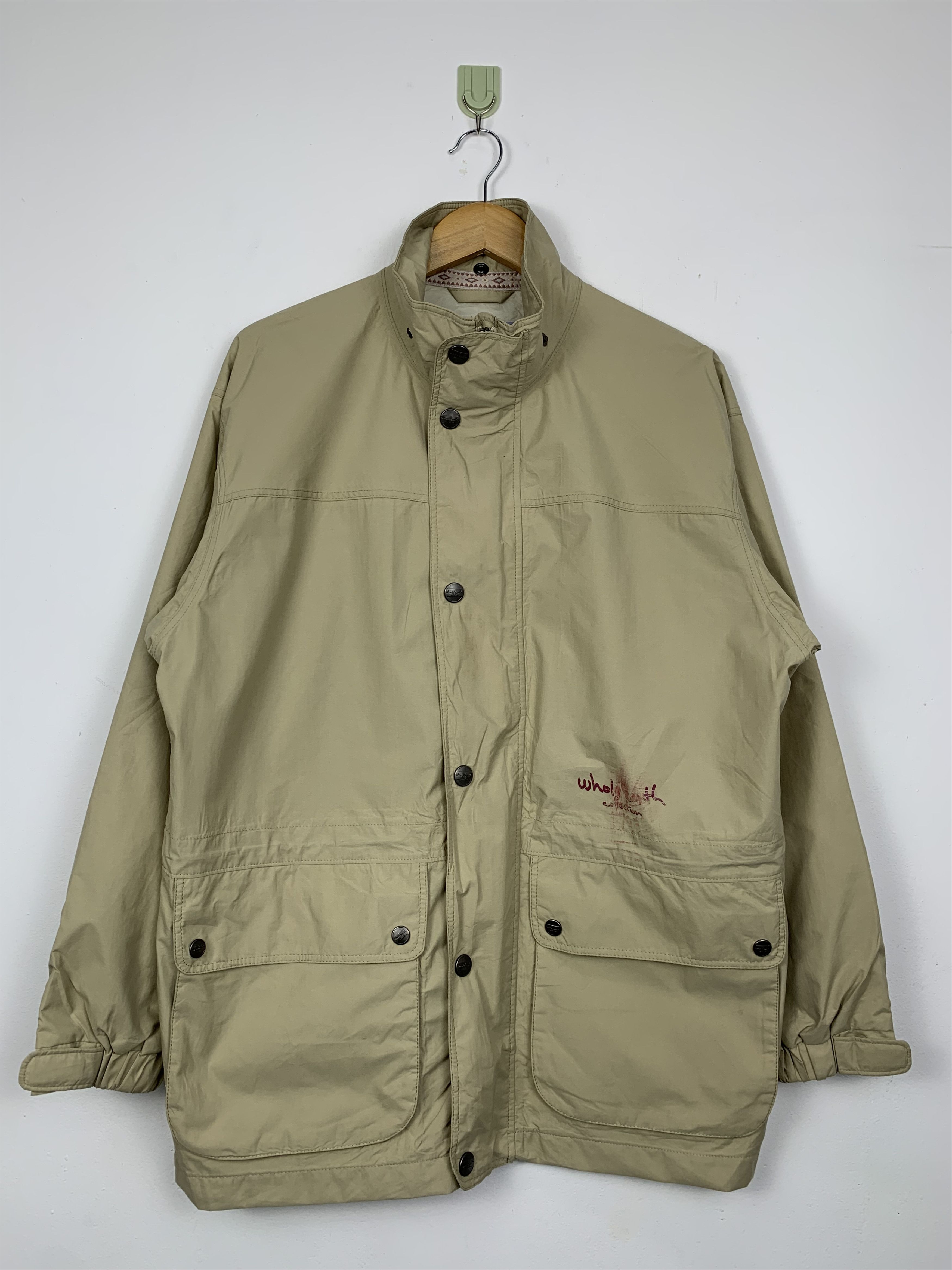 image of Descente x Outdoor Life Vintage Whole Earth Windbreaker Zip Up Button Jacket in Light Brown (Size M