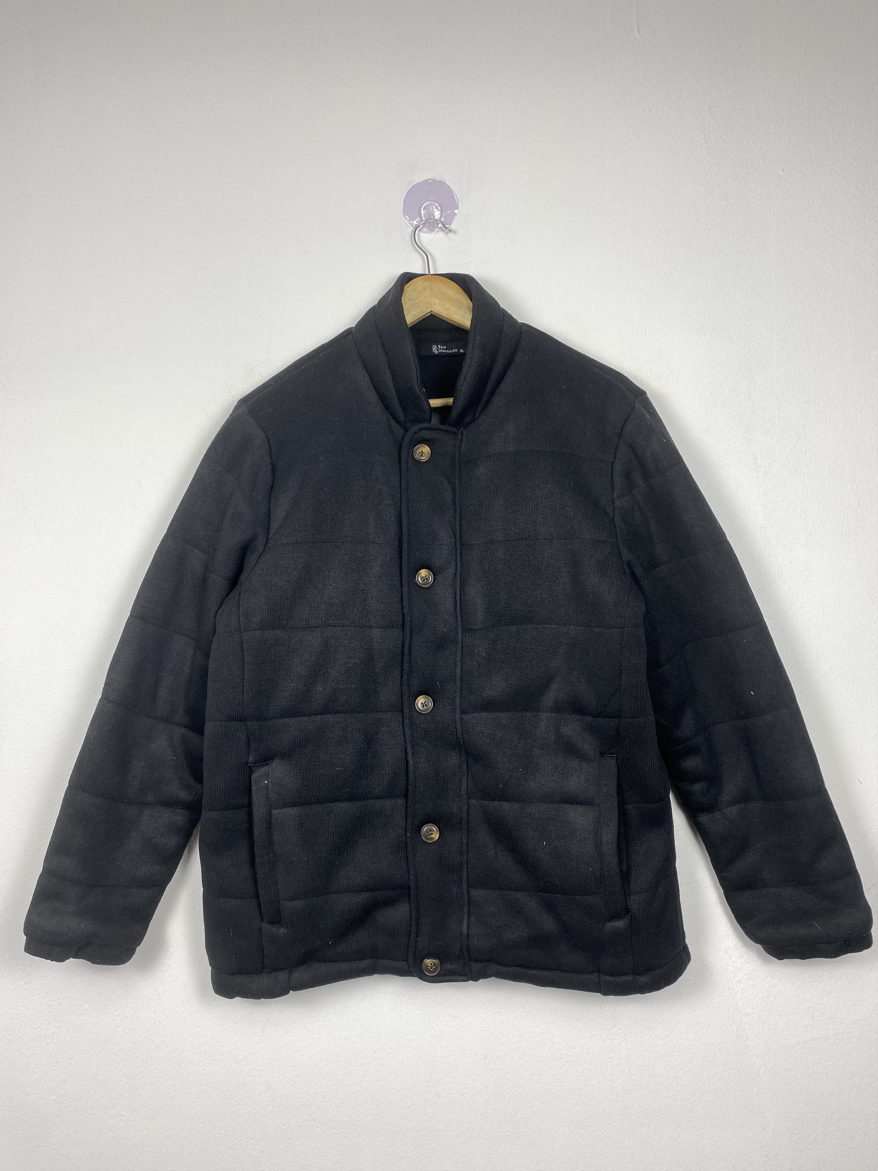 image of Vintage Real Standard Puffer Button Up Jacket in Black, Men's (Size Small)