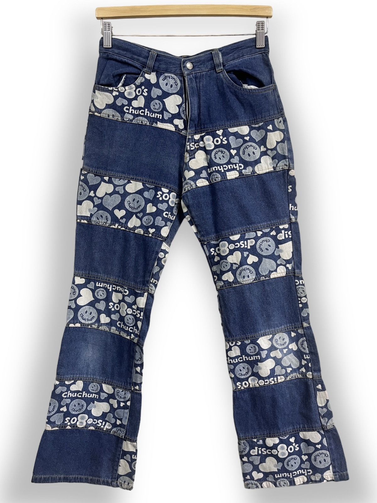 image of Hysteric Glamour x Vintage Hysteric Flared Chuchum Full Printed Patches Denim Jeans in Blue, Women'