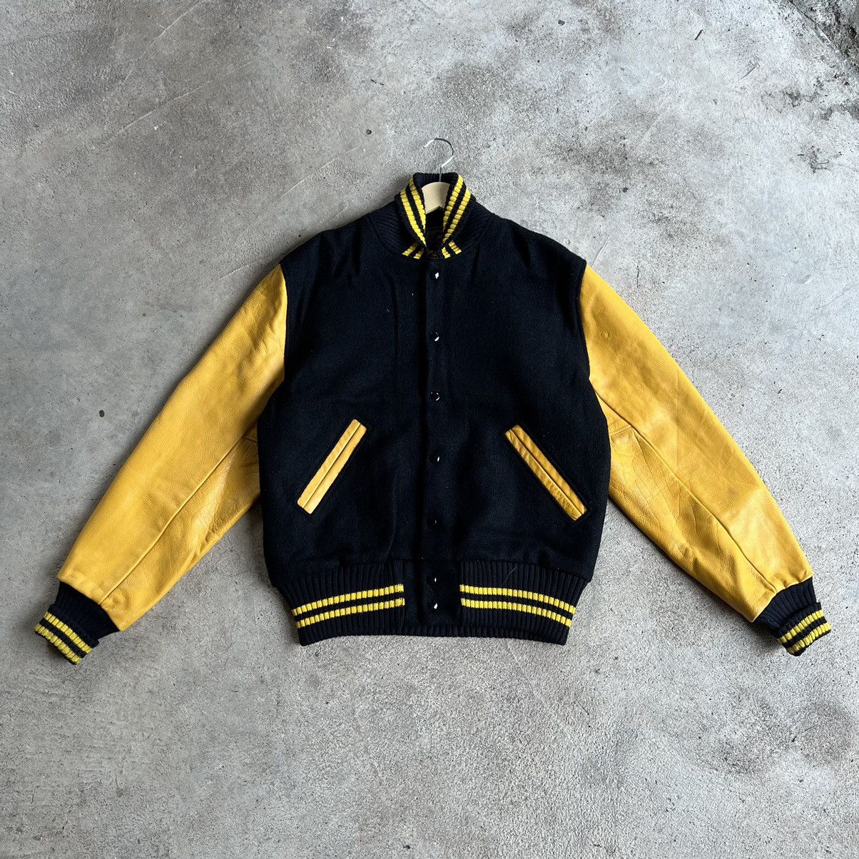 Vintage Vintage Albion Knitting Mills Leather Varsity Jacket Size US L / EU 52-54 / 3 - 1 Thumbnail