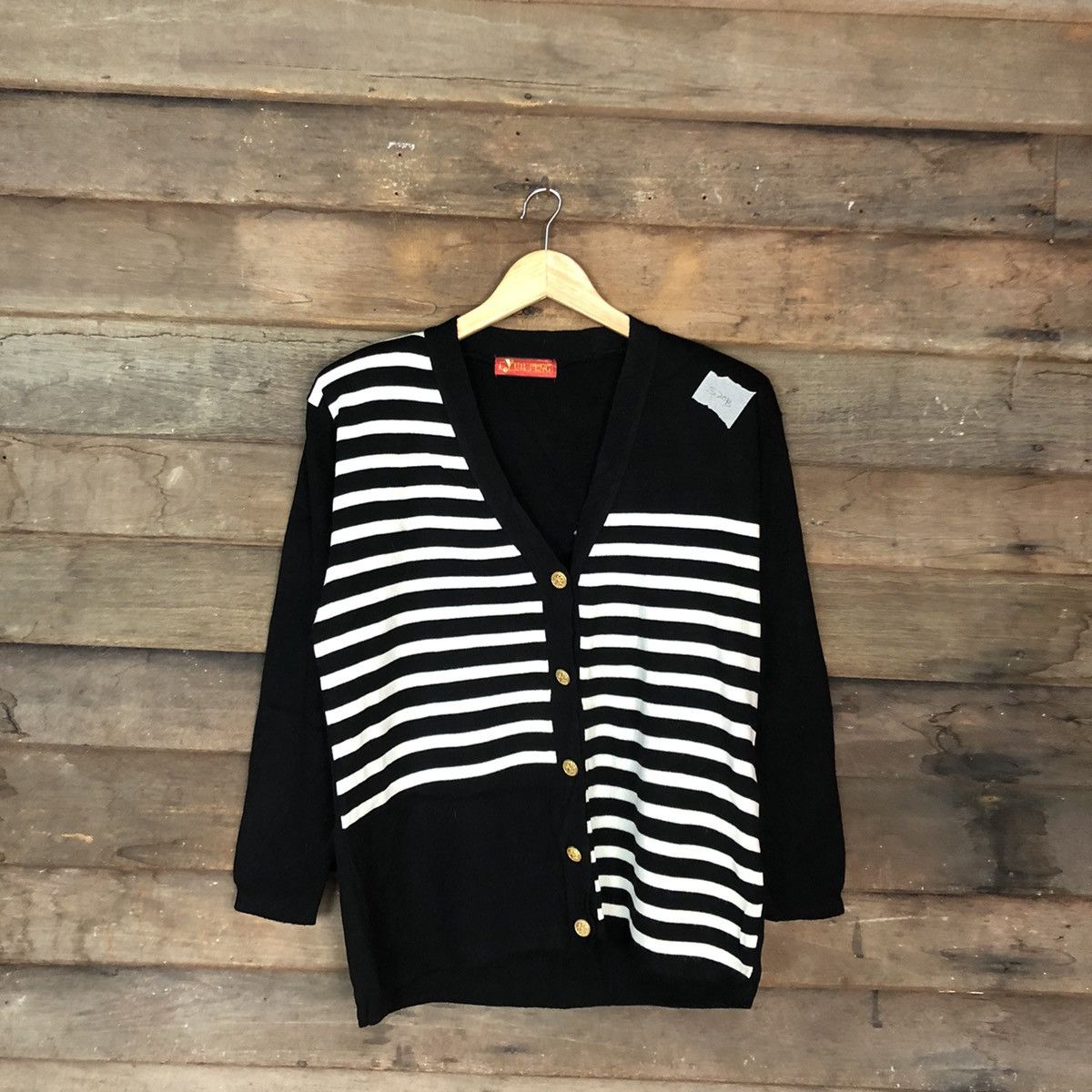Homespun Knitwear Yuh Feng Black Cardigan knit vintage stripe #520B Size US L / EU 52-54 / 3 - 1 Thumbnail