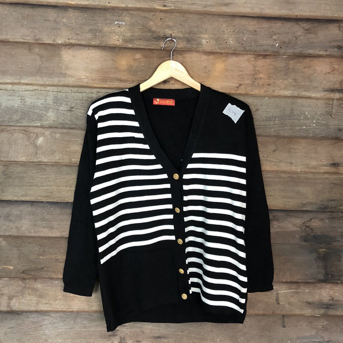 Homespun Knitwear Yuh Feng Black Cardigan knit vintage stripe #520B Size US L / EU 52-54 / 3 - 3 Thumbnail