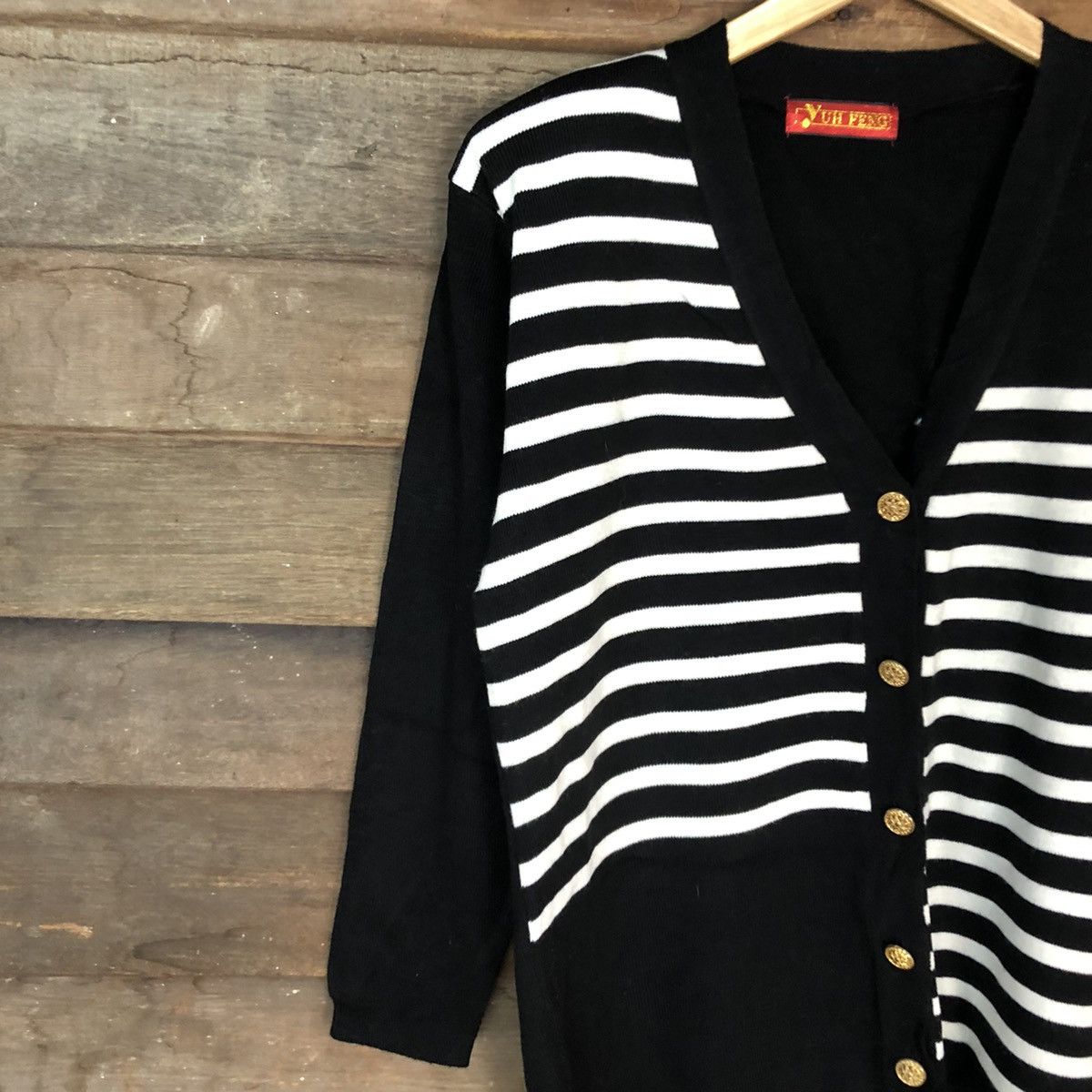 Homespun Knitwear Yuh Feng Black Cardigan knit vintage stripe #520B Size US L / EU 52-54 / 3 - 7 Thumbnail