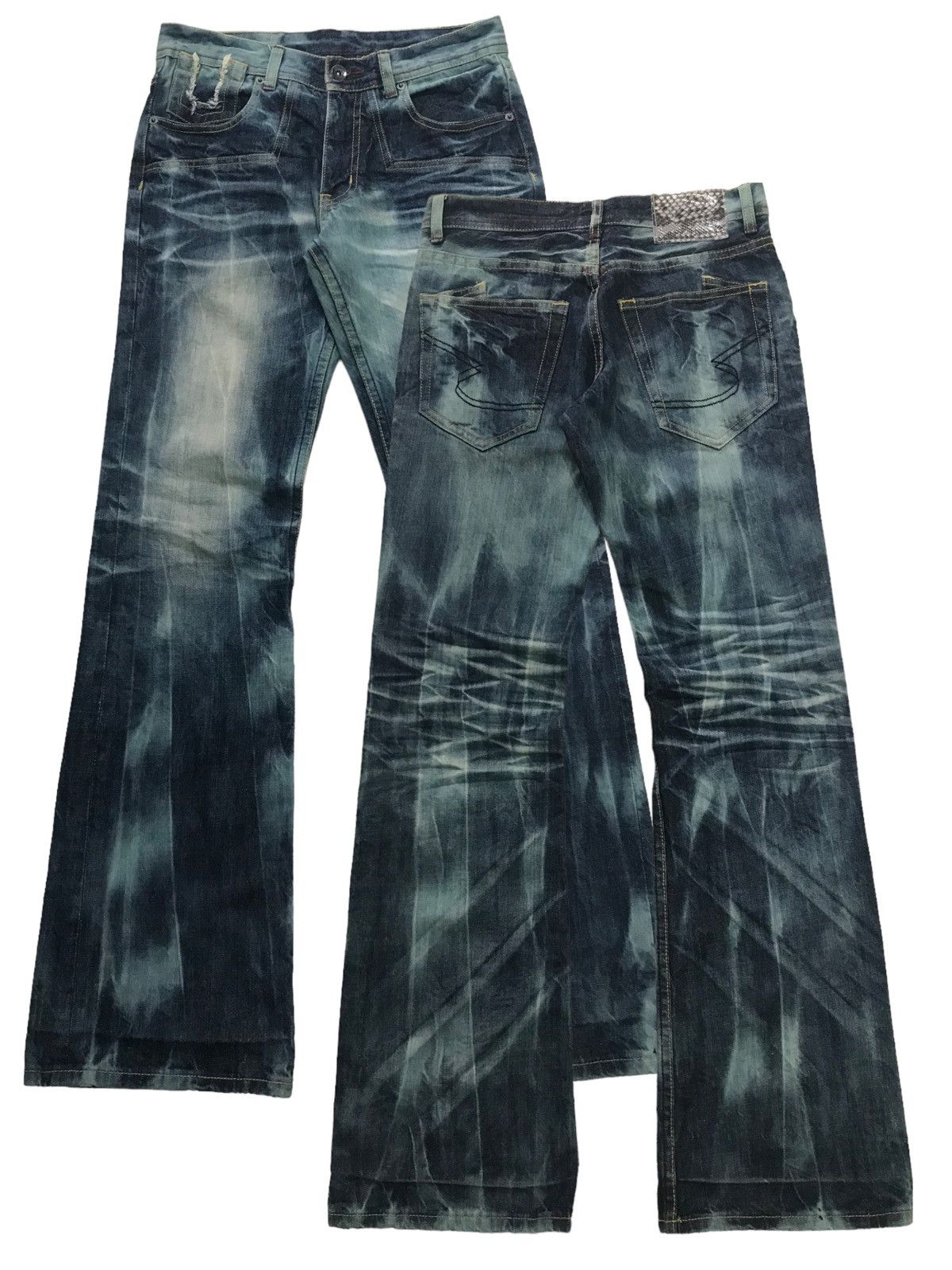 image of Flare Jeans Semantic Design Acid Wash Boot Cut Denim Pants in Washed Blue, Men's (Size 28)