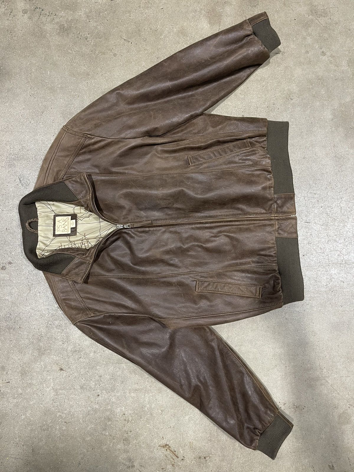 image of Jos A Bank x Leather Jacket Vintage ‘Jos. A. Bank’ Leather Jacket W Map Lining in Brown (Size XL)