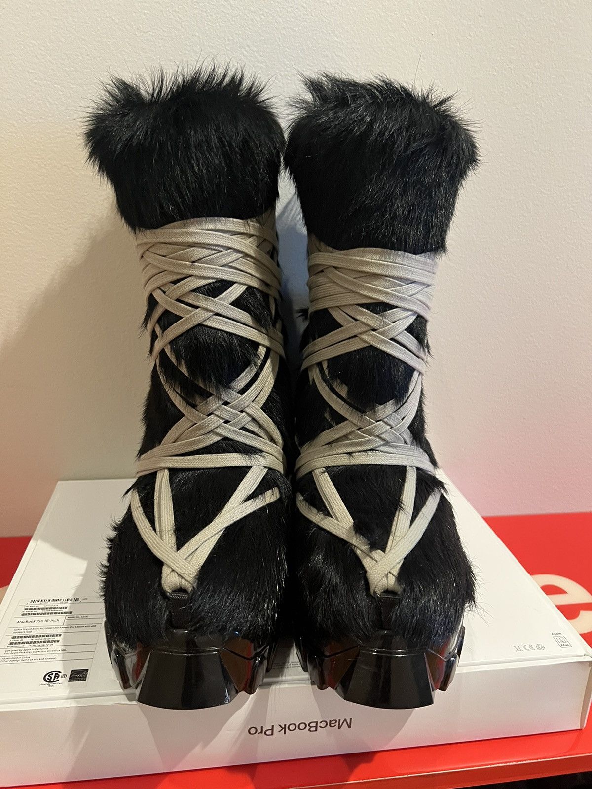 image of Rick Owens Pony Hair Megalace Lunar Boots in Black, Men's (Size 9)