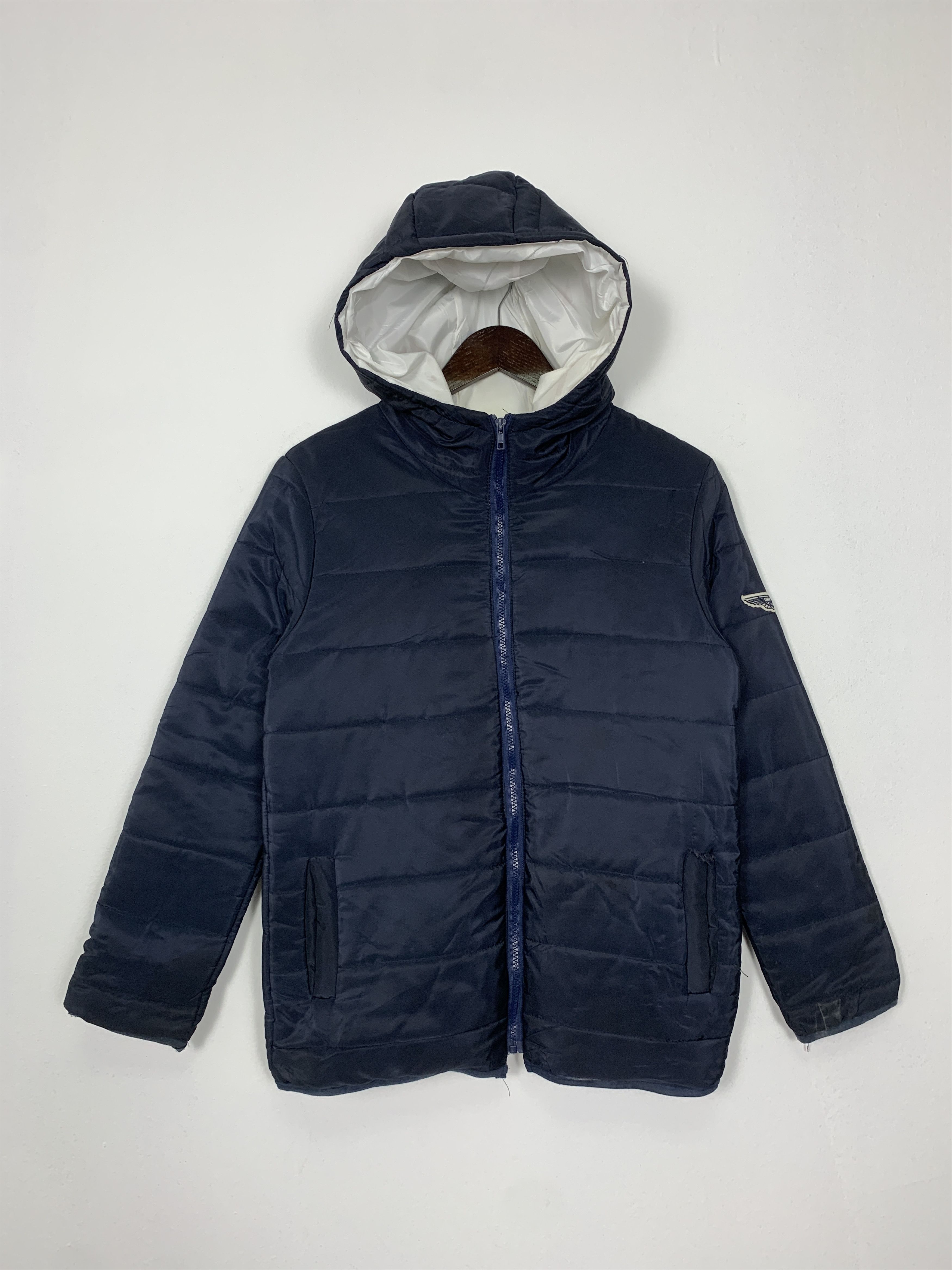 image of Racing x Vintage Aston Martin Patches Puffer Jacket in Dark Blue, Men's (Size Small)