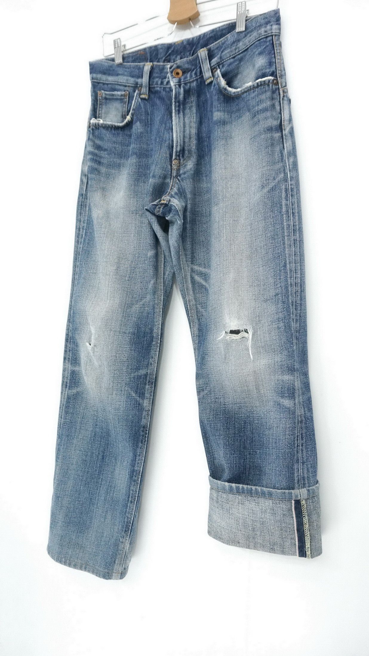 image of Distressed Denim x Edwin 14Oz Half Selvedge Japan Vintage Ripped Jeans in Blue Denim (Size 29)