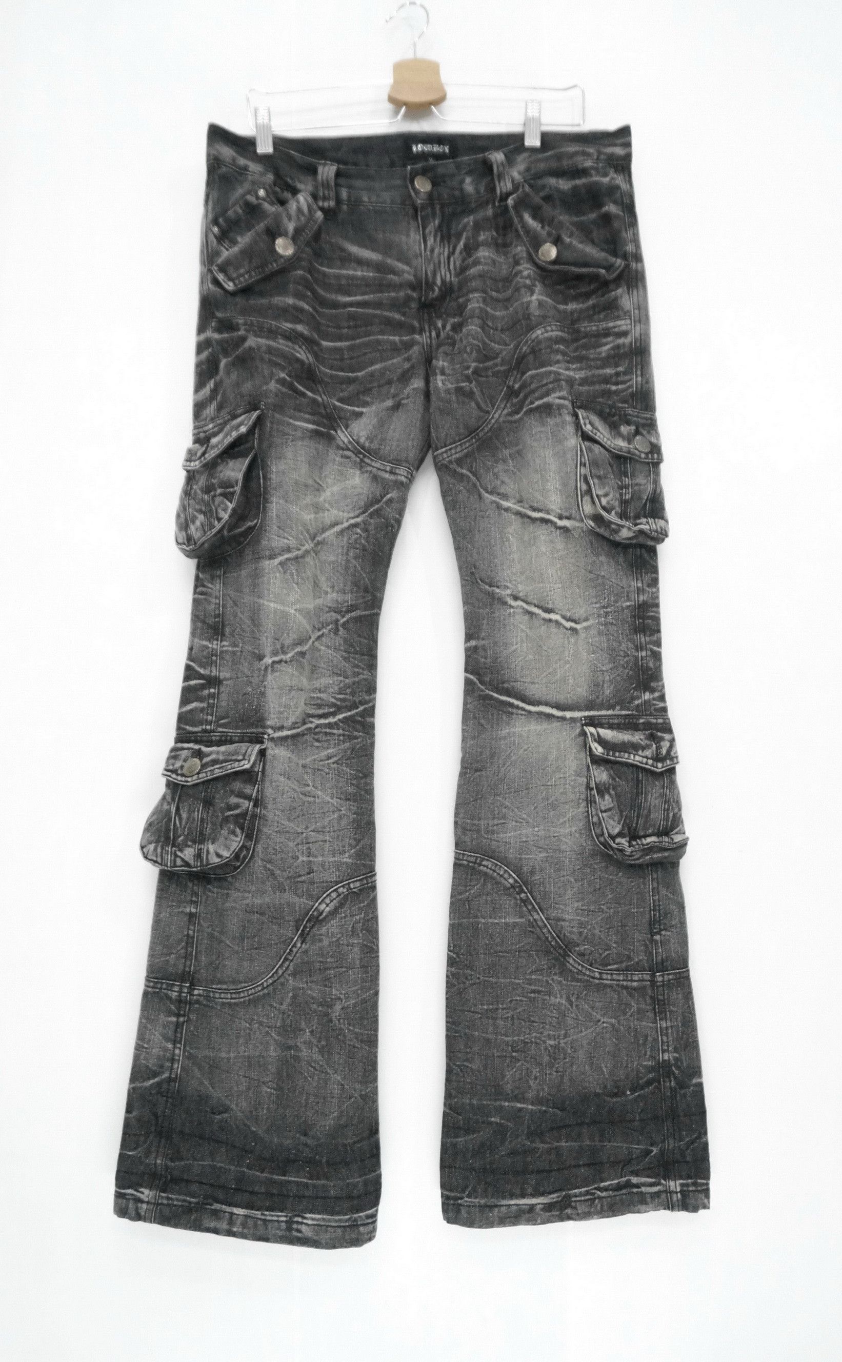 Japanese Brand 🔥LOWBOX🔥 Japan Distressed Lowrise Flared Leg Cargo Jeans Size US 35 - 2 Thumbnail