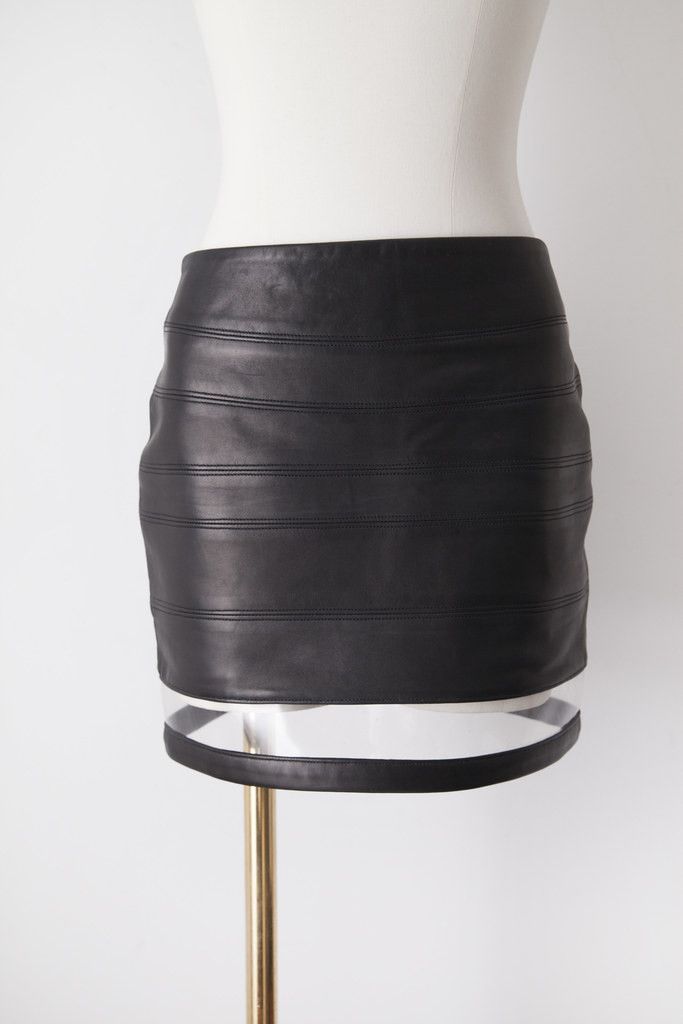 image of Balmain Leather Skirt With Transparent Insert in Black, Women's (Size 26)