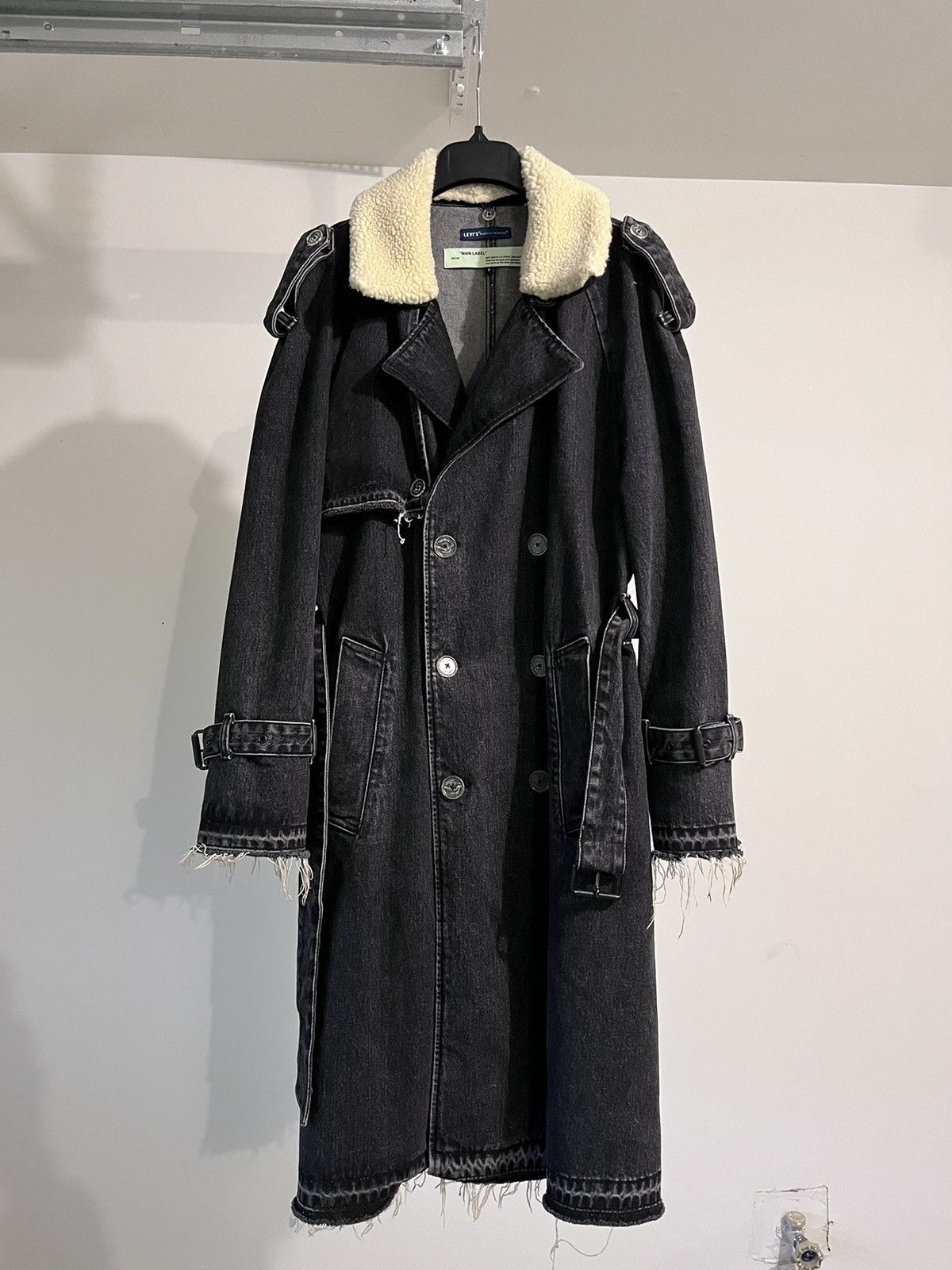 Off-White Off-White Faded Black Denim Trench Coat w/ Sherpa collar ...