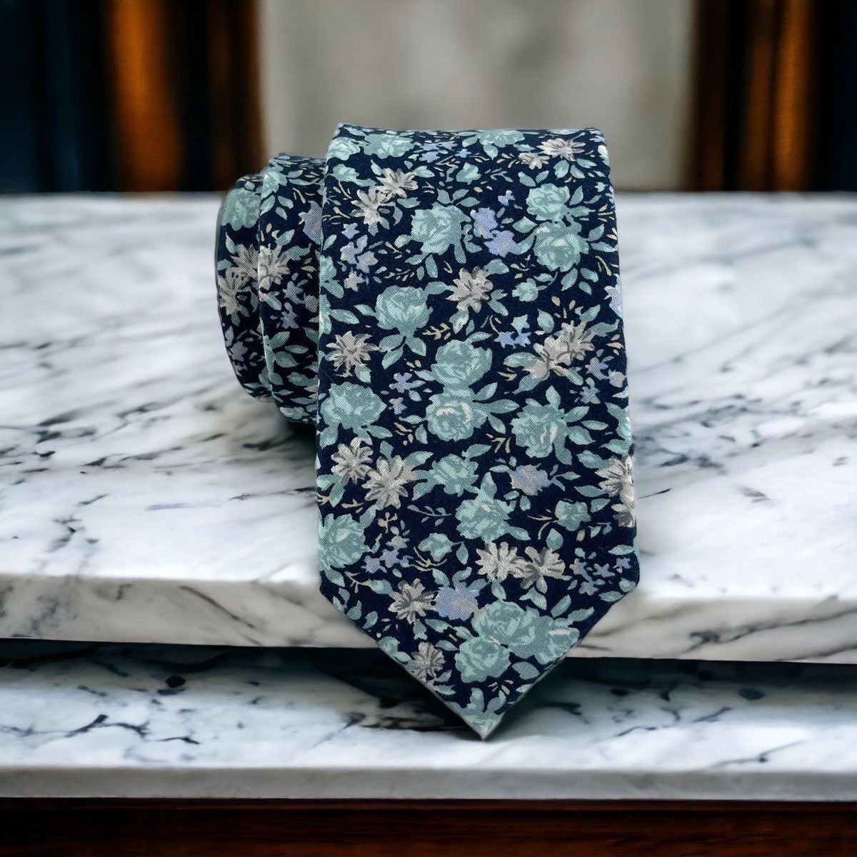 Other Men’s Navy w/ Turquoise Bohemian Floral Necktie, Slim Width Size ONE SIZE - 2 Thumbnail