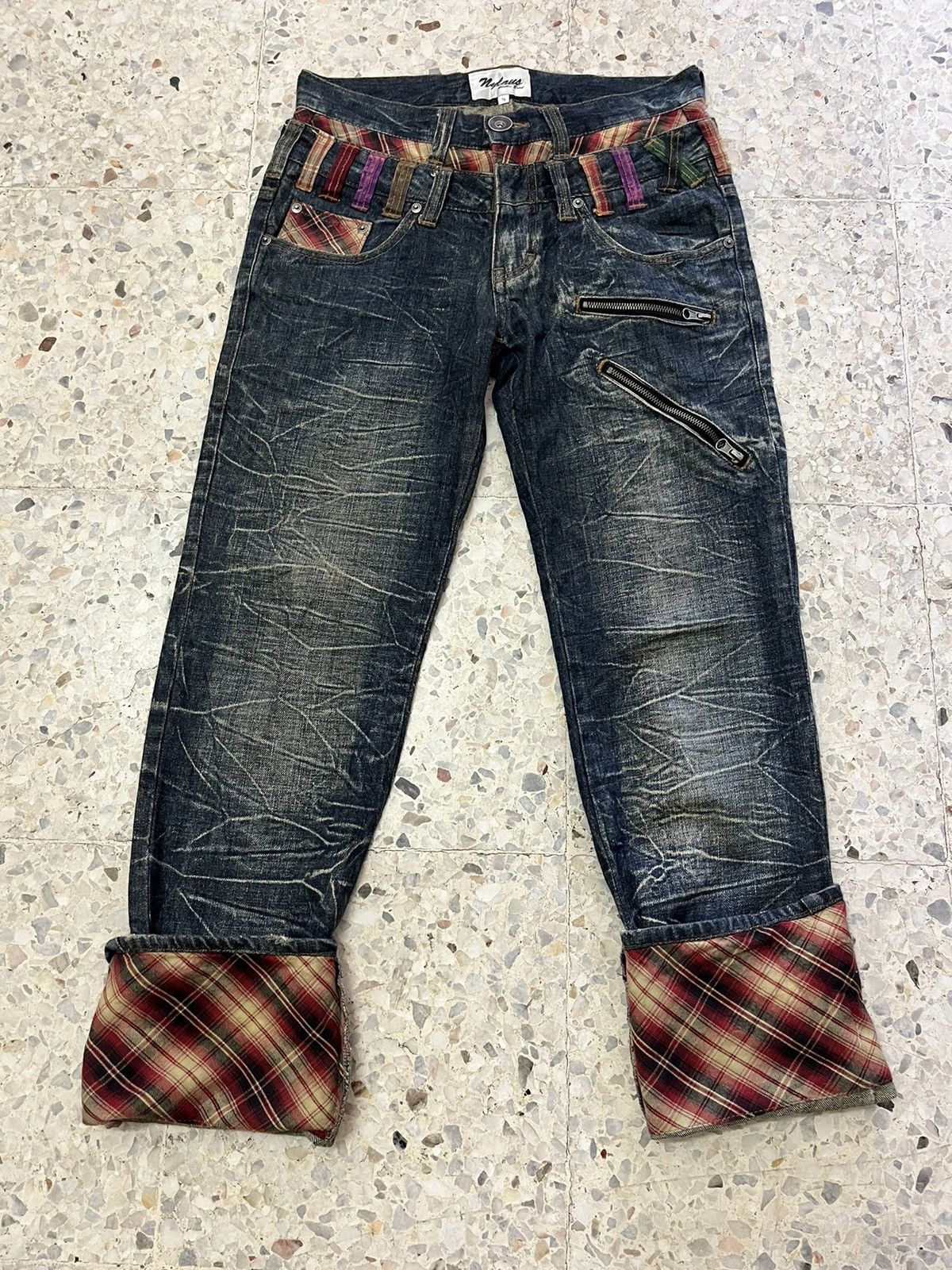 Japanese Brand Distress whiskers Nylaus jeans double waist design Size US 30 / EU 46 - 13 Thumbnail