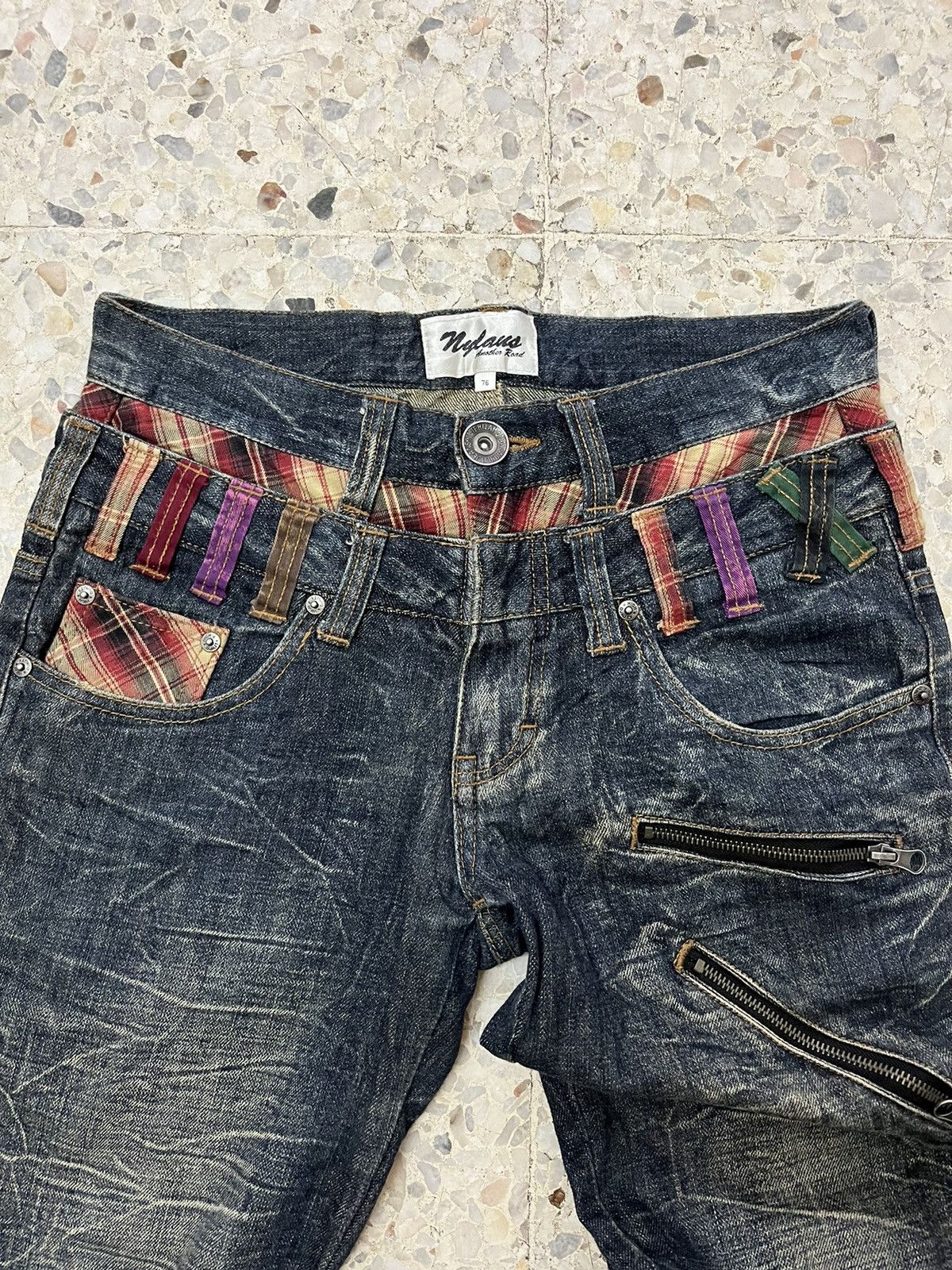 Japanese Brand Distress whiskers Nylaus jeans double waist design Size US 30 / EU 46 - 5 Thumbnail