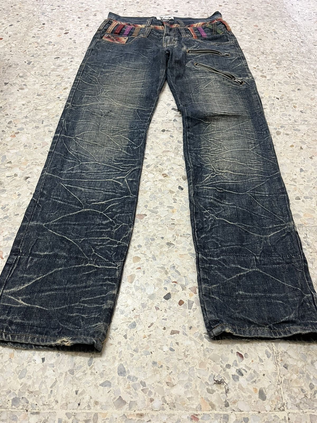 Japanese Brand Distress whiskers Nylaus jeans double waist design Size US 30 / EU 46 - 8 Thumbnail
