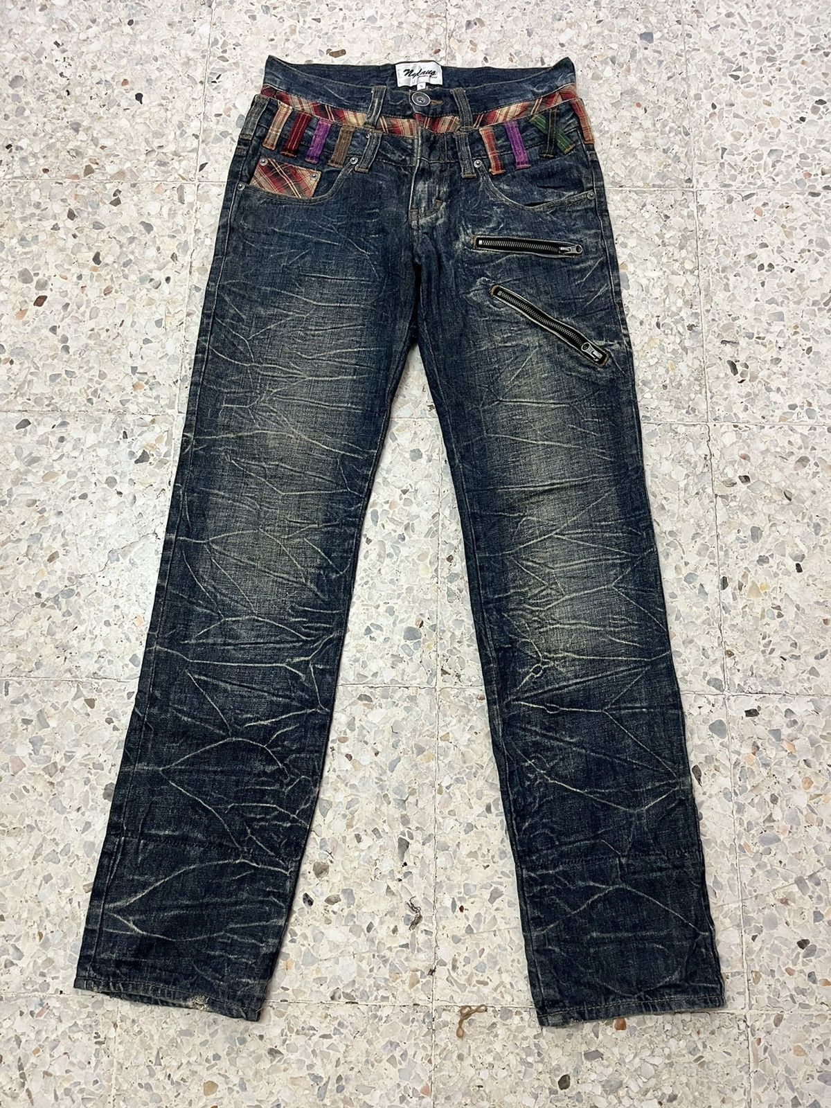 Japanese Brand Distress whiskers Nylaus jeans double waist design Size US 30 / EU 46 - 1 Thumbnail