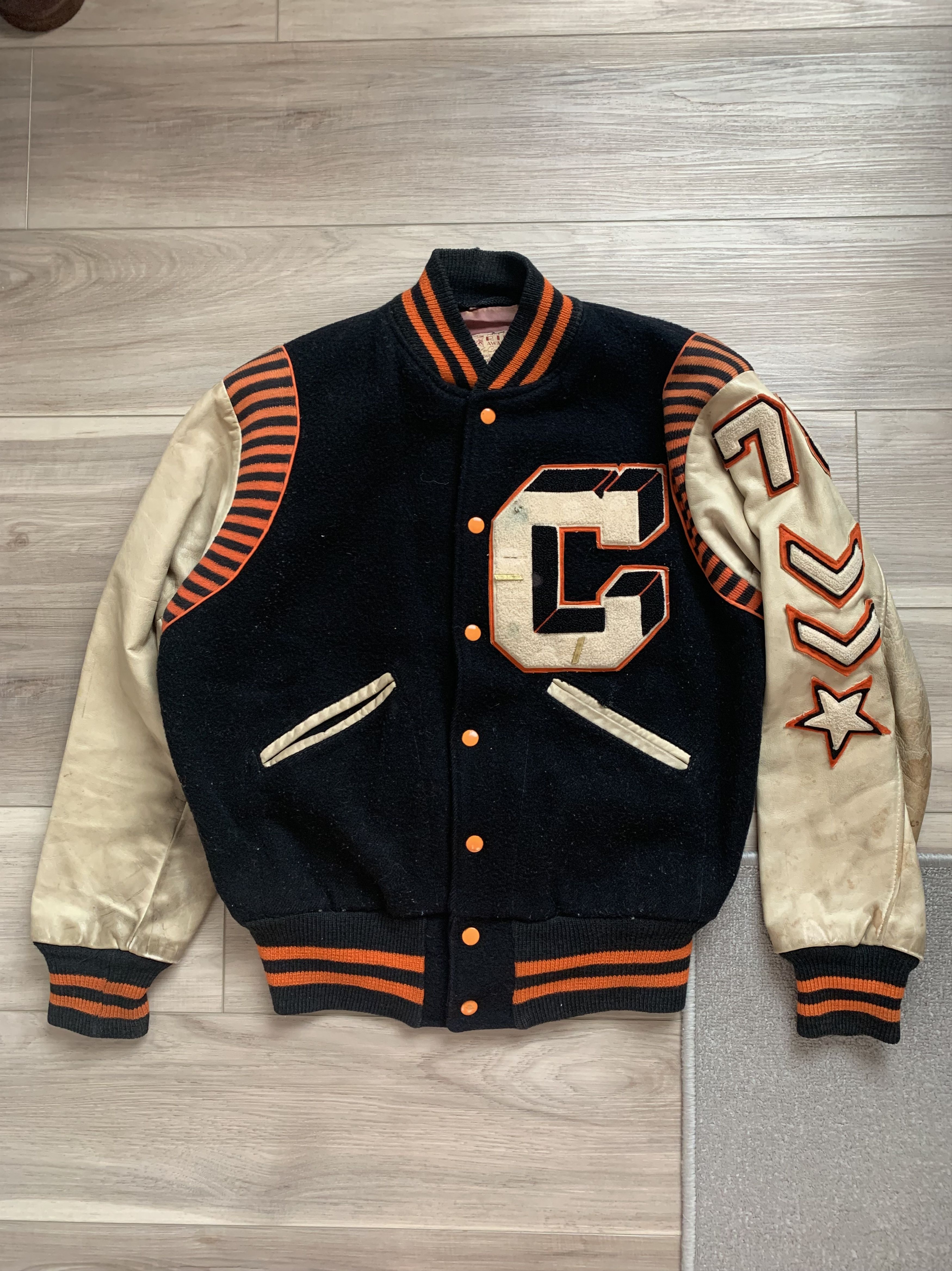 Vintage brown varsity zip up jacket with knit sleeves main image 1