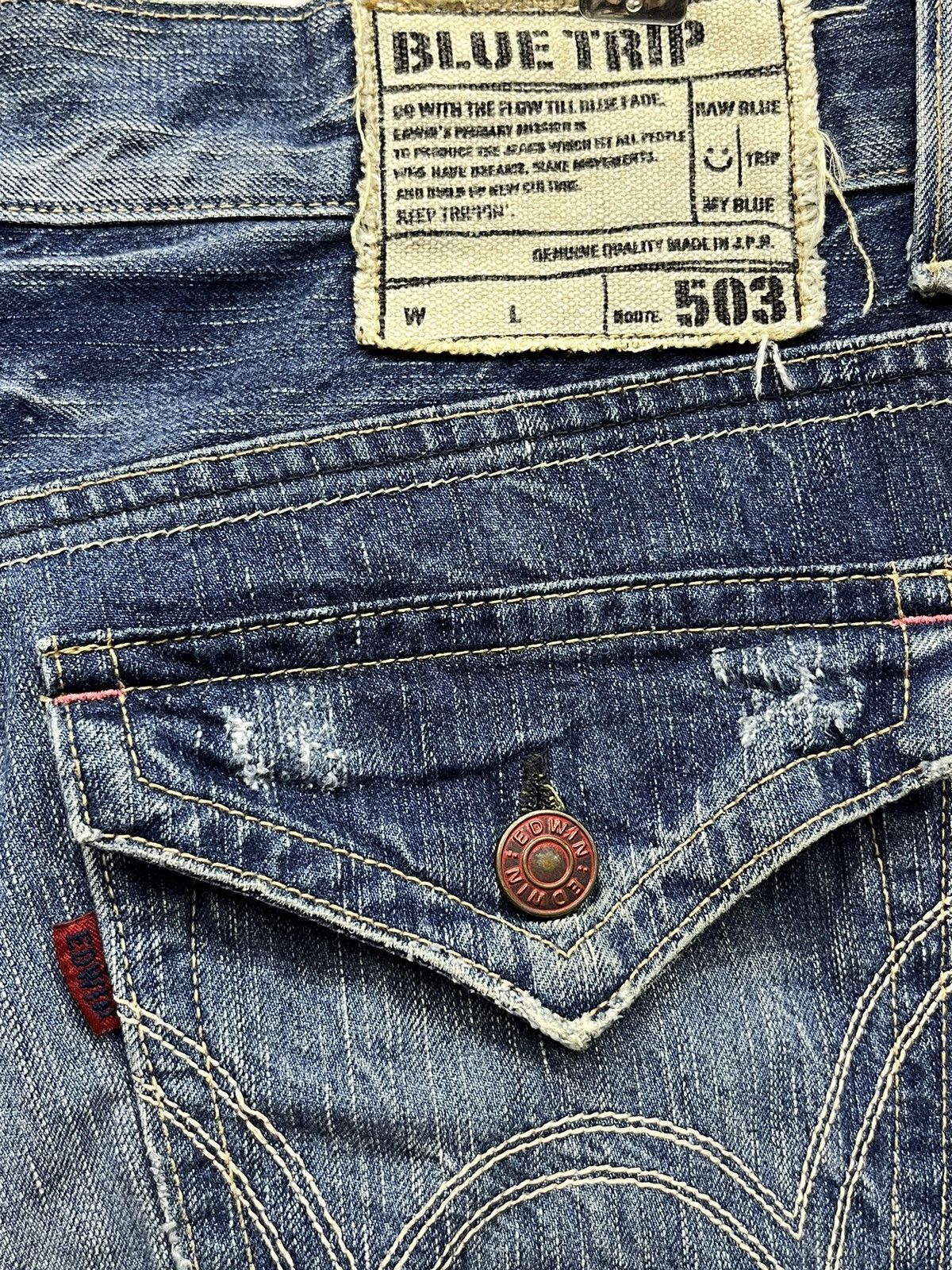 Edwin FLARED🔥BLUE TRIP 503 Raw Blue Distressed Denim Made in Japan Size US 34 / EU 50 - 8 Thumbnail