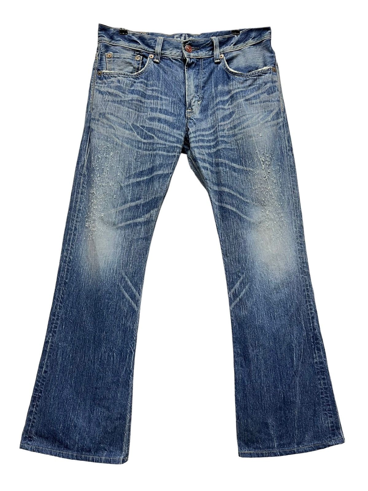 Edwin FLARED🔥BLUE TRIP 503 Raw Blue Distressed Denim Made in Japan Size US 34 / EU 50 - 2 Thumbnail
