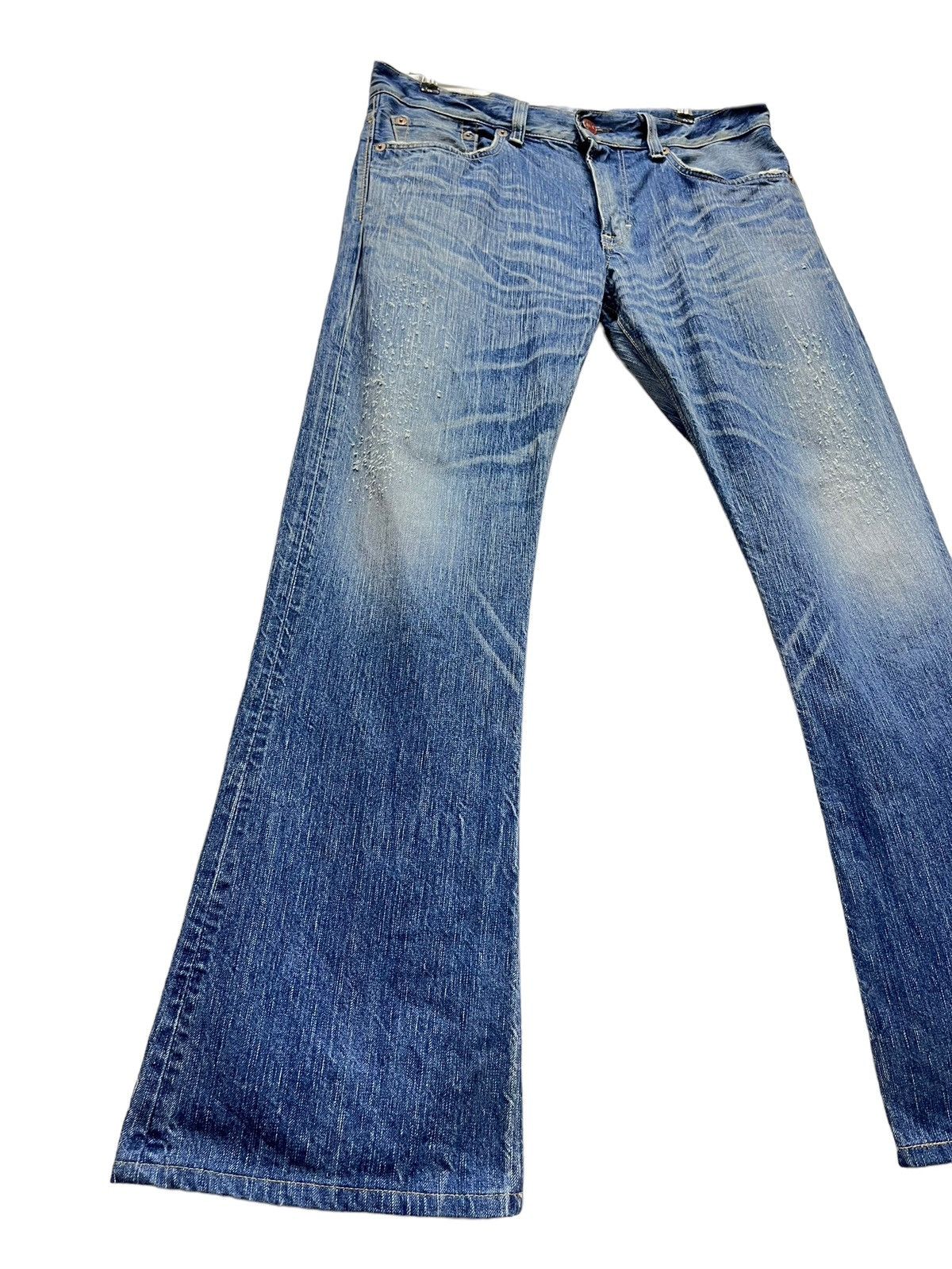 Edwin FLARED🔥BLUE TRIP 503 Raw Blue Distressed Denim Made in Japan Size US 34 / EU 50 - 3 Thumbnail