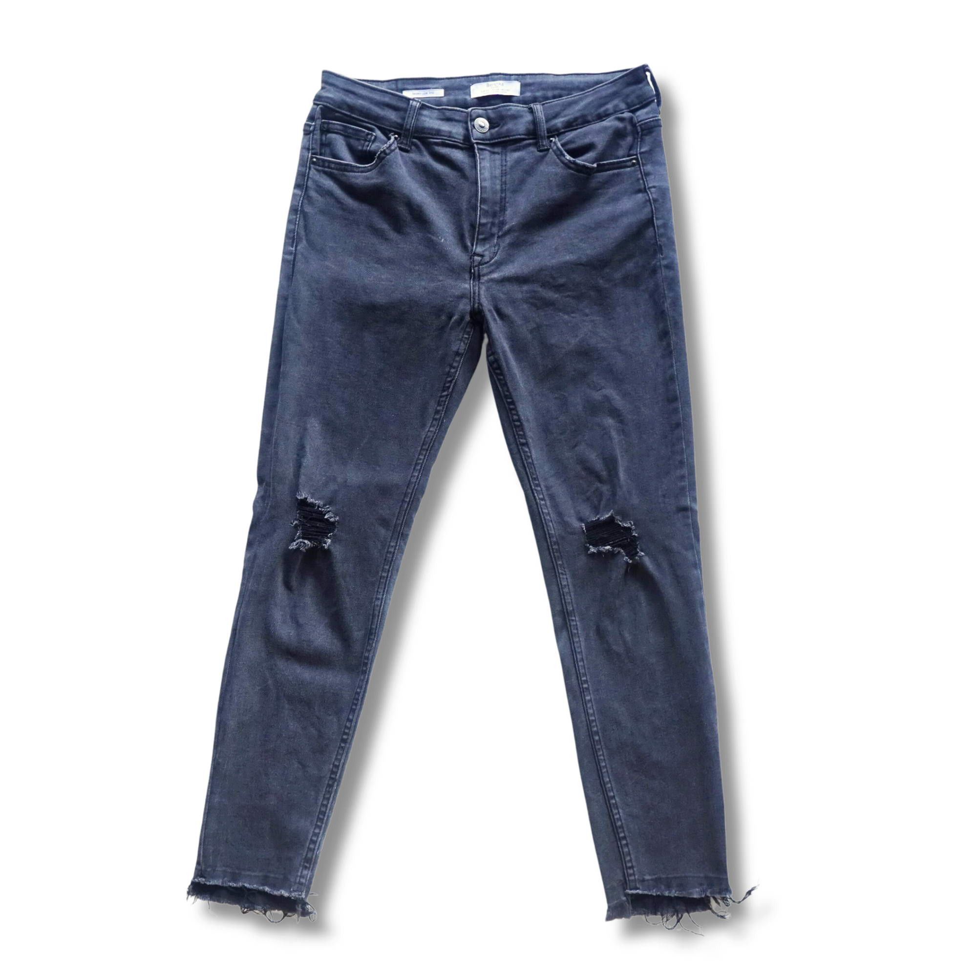 image of Bershka Skinny Low Rise Ripped Stretchable Jeans in Faded Black, Men's (Size 28)
