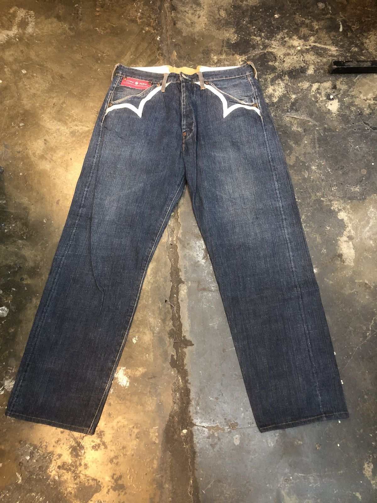 image of Evisu Paris France Selvedge With Buckle Back Denim in Blue, Men's (Size 34)