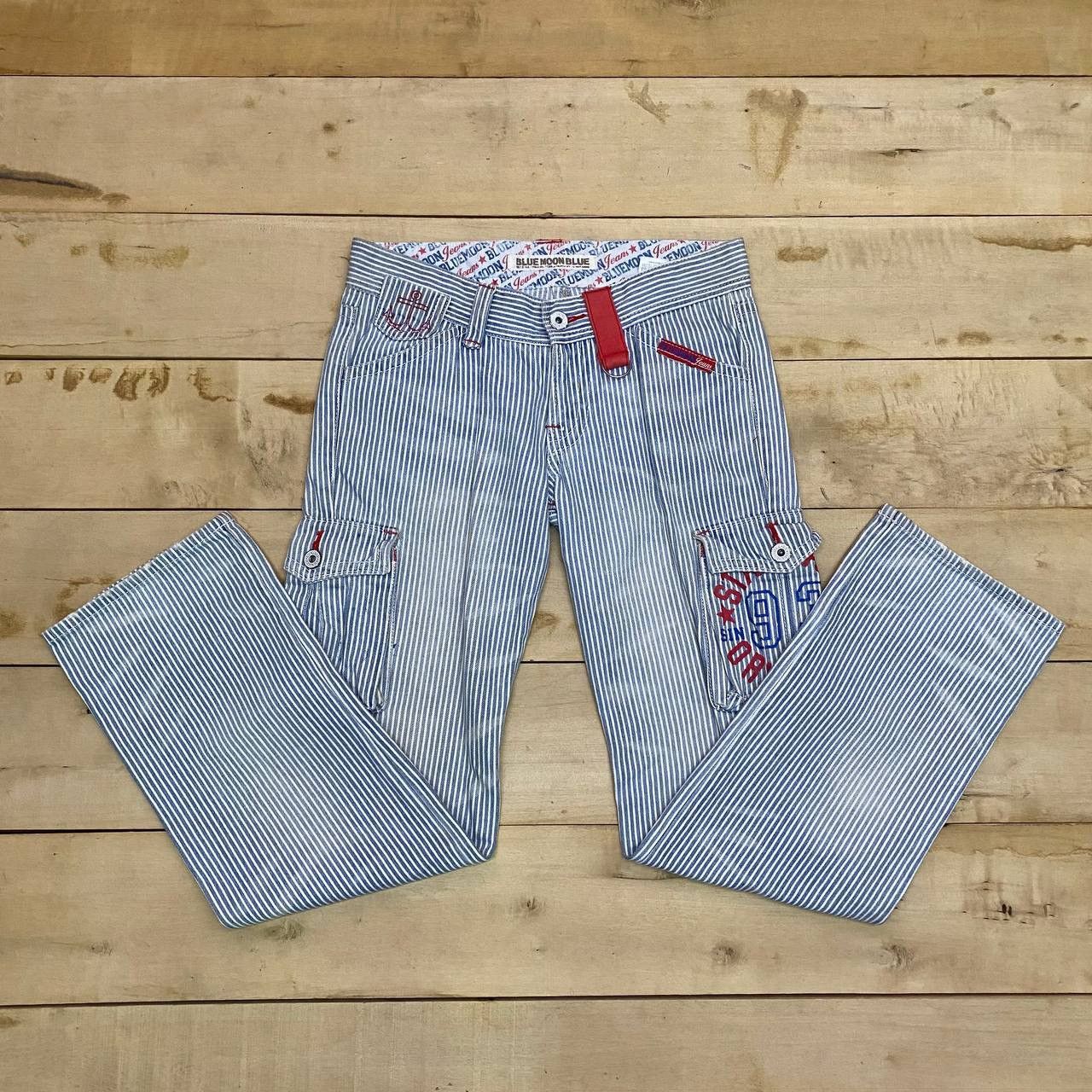 Japanese Brand X460 JAPAN BLUE MOON BLUE SKINNY HICKORY STRIPED CARGO PANTS Size US 31 - 3 Thumbnail
