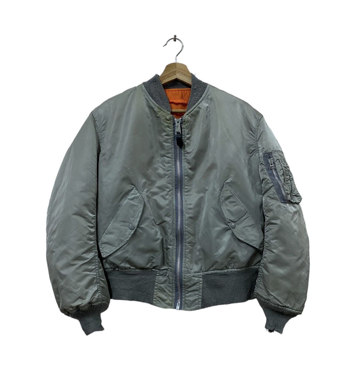 image of Vtgalpha Industries Ma-1 Flyer’S Man Bomber Jacket in Grey/Orange, Men's (Size Small)