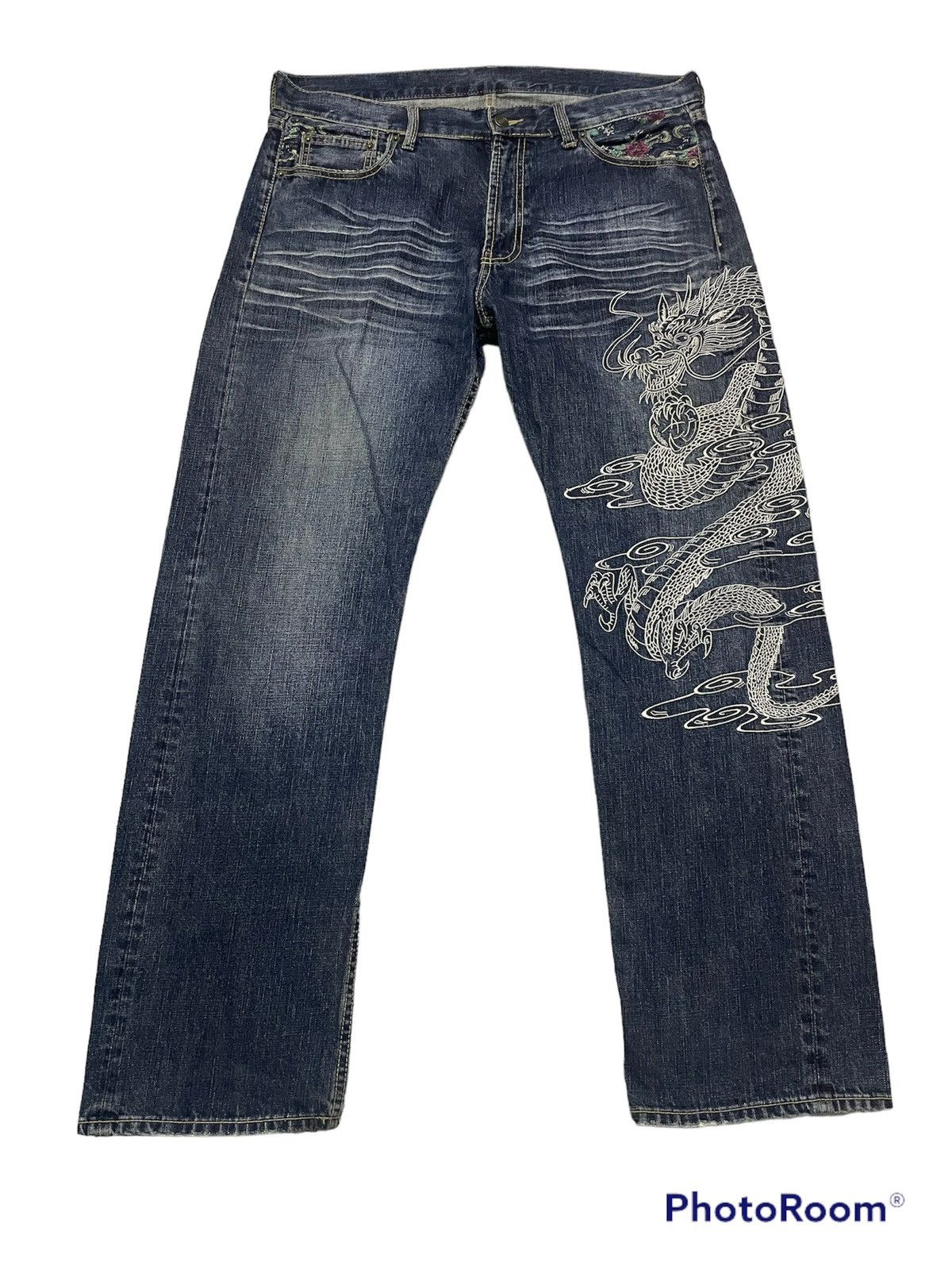 image of Vintage Karakuri Japanese Dragon Embroidery Jeans in Denim, Men's (Size 36)