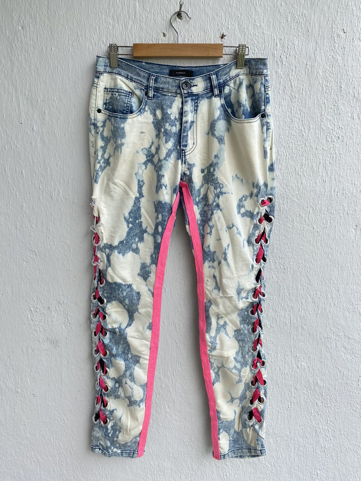Japanese Brand Roshell Japan Acid Wash Bracelet Embroidery Punk Style Jeans Size US 31 - 1 Thumbnail